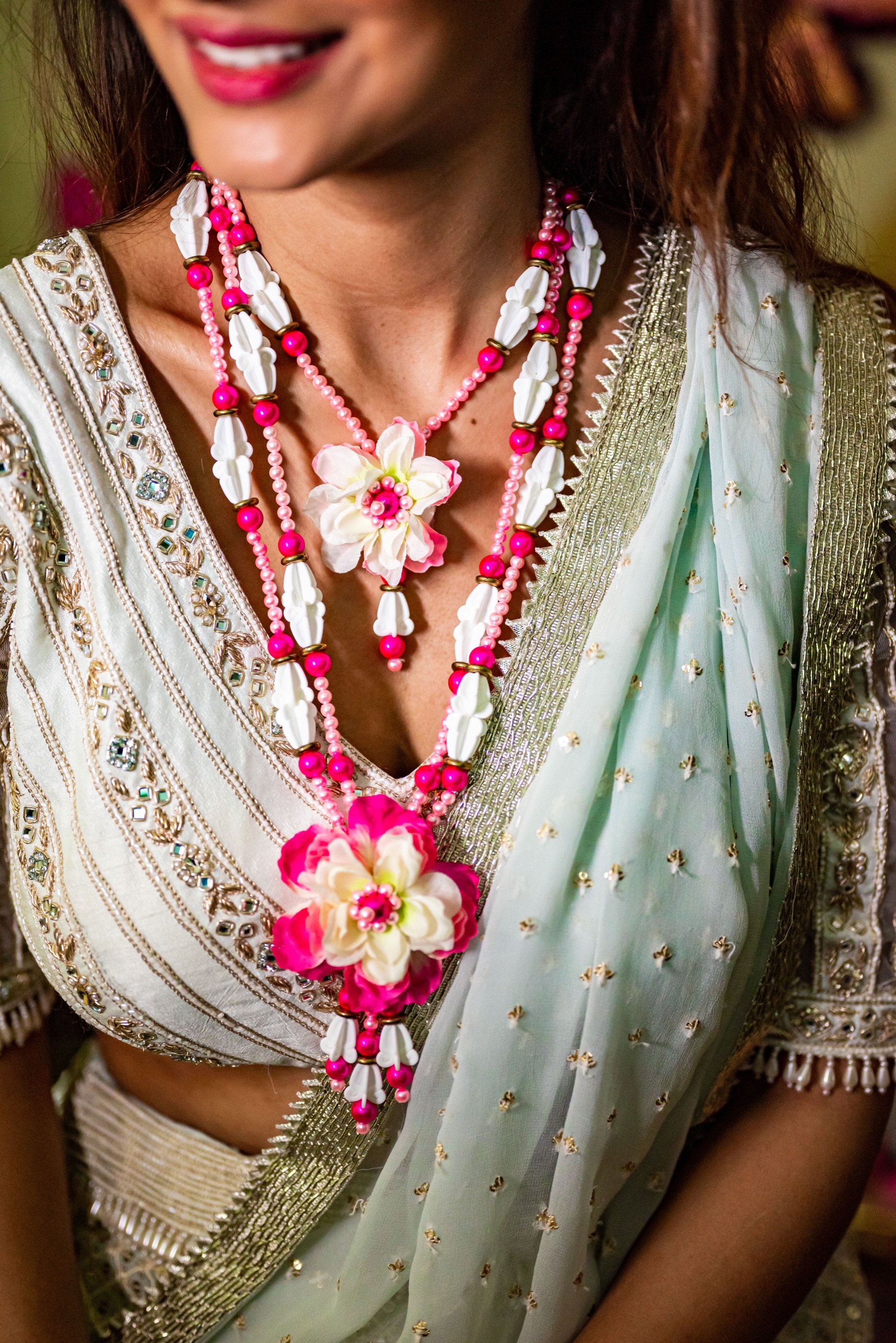 Floral art | Pink & White Floral Pearl Work Necklace For Women undefined