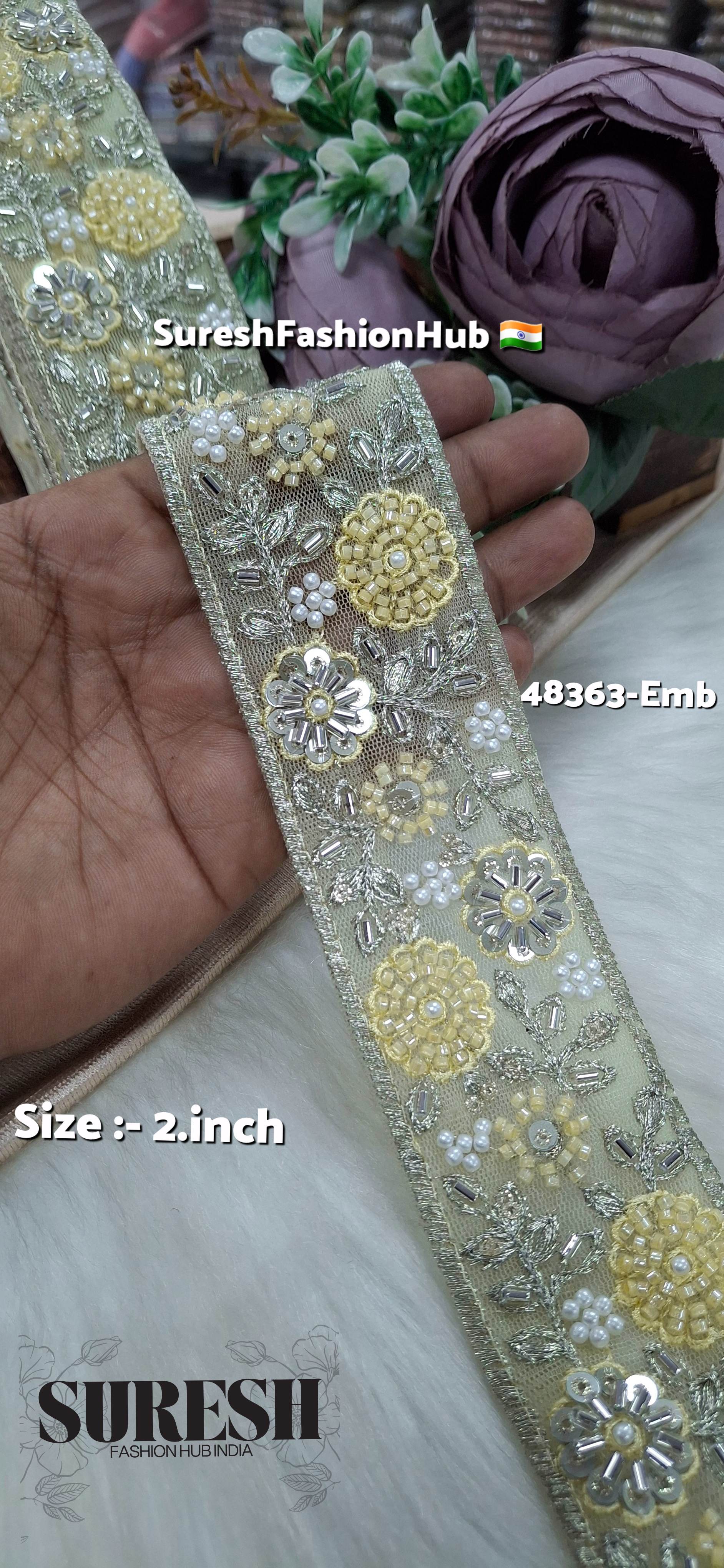 Yellow Beaded Floral Net Embroidered Lace