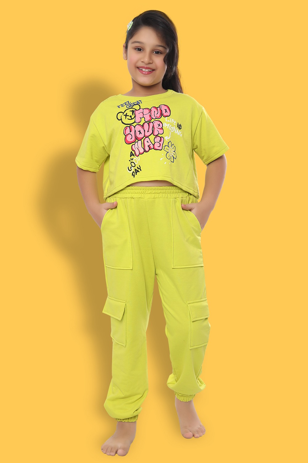 Ninos Dreams Girls Solid Cargo Style Joggers with Oversized Crop Top- Lemon Yellow