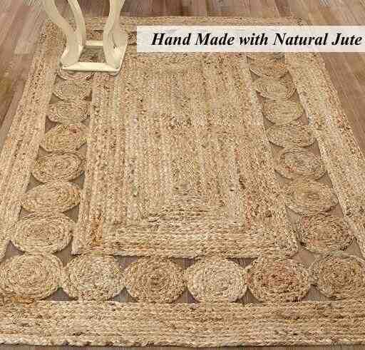 Handwoven Natural Jute Rectangular Rug with Braided Disc Border Design