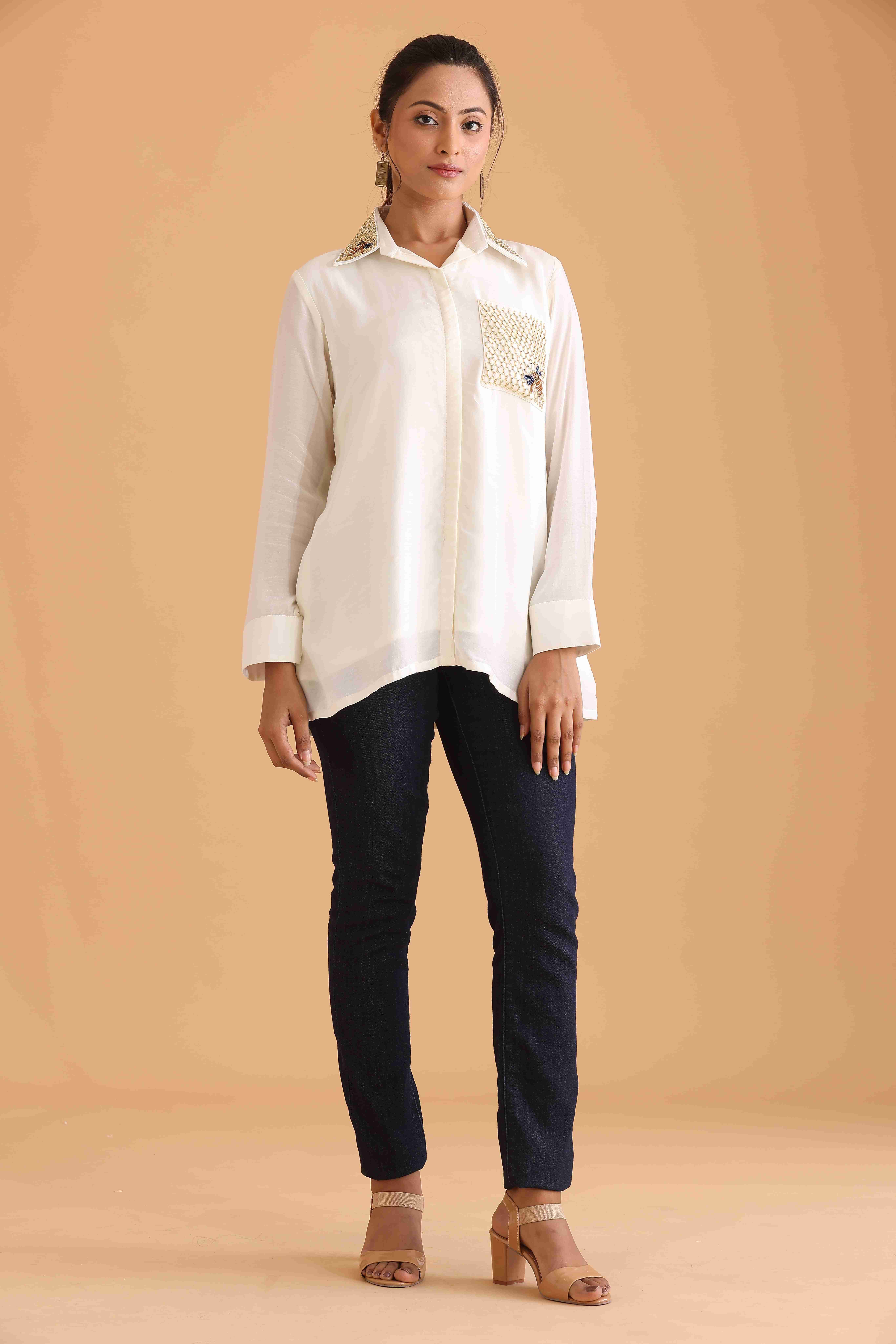 White Shirt with Bee and Pearl Embellishments