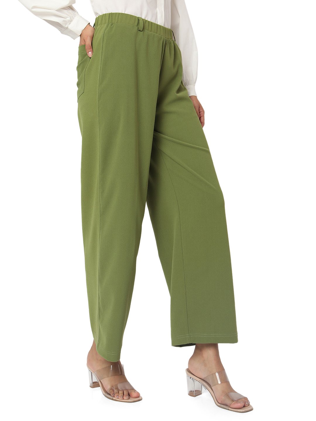 Smarty Pants women's moss cotton lycra olive color flared formal trouser