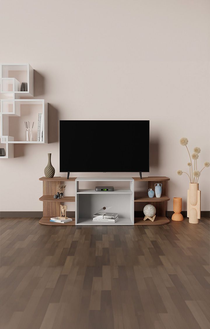Wood Ziko TV Unit | TV Stand for Living Room | Home Entertainment Unit | TV Console for Bedroom, for Tv Upto 55inch - Leon Teak