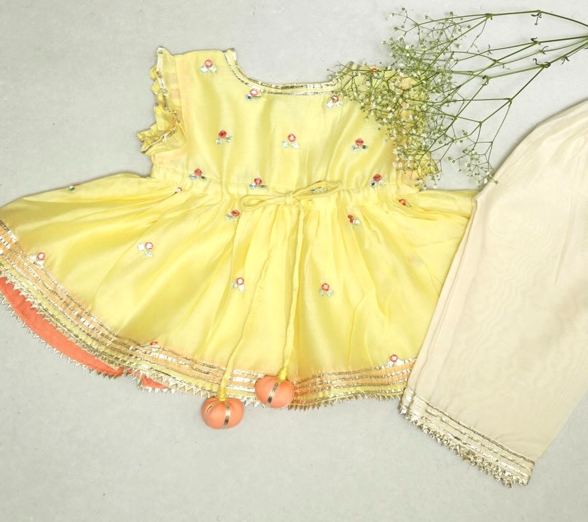 Yellow Anarkali With Mirror Work and Ivory Pants