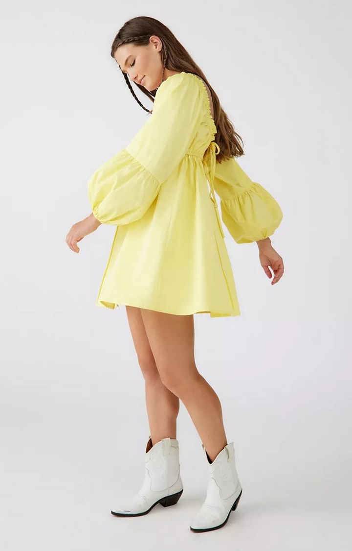 Women's Yellow Puffy Sleeve Mini Dress