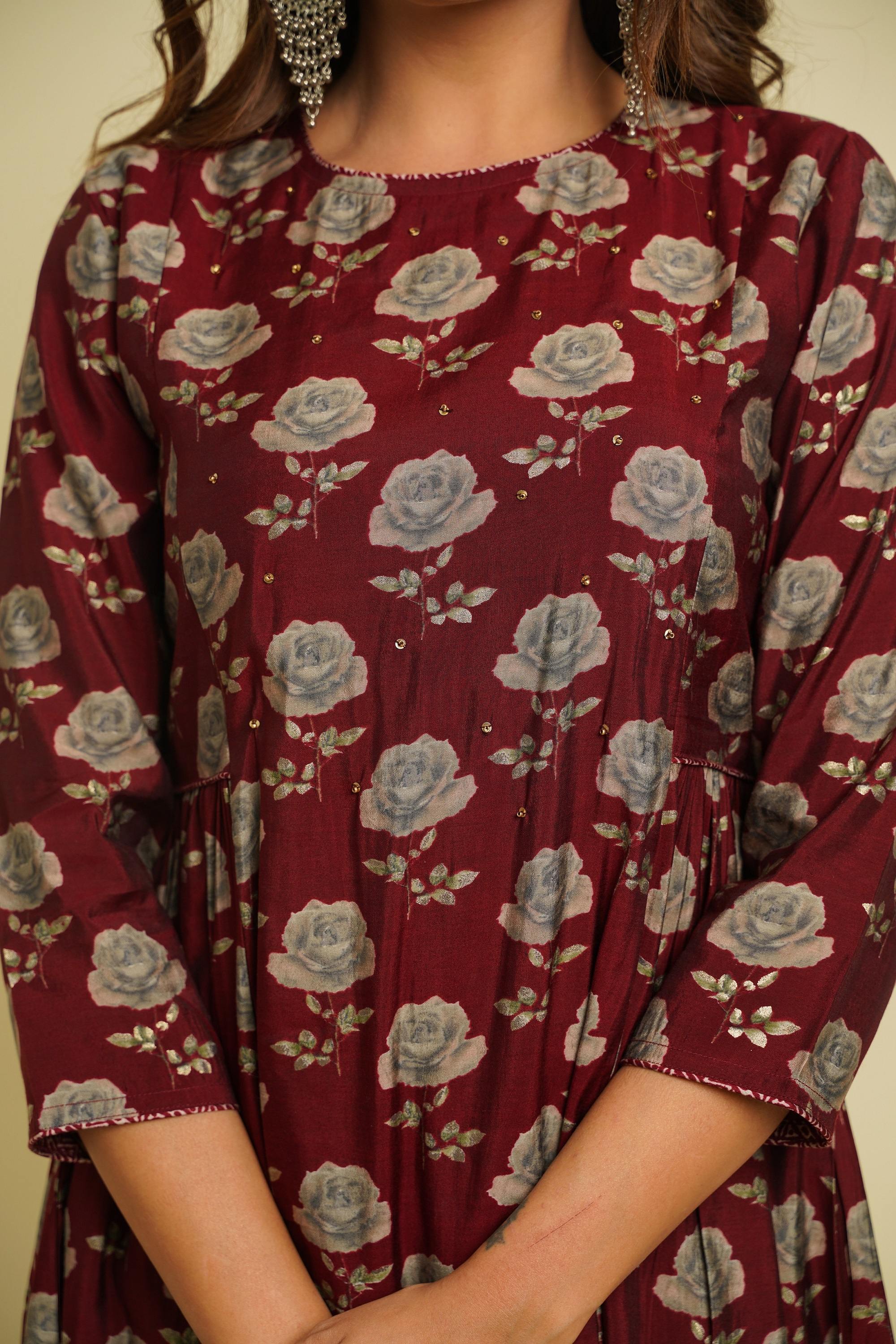MAROON PRINTED ROUND NECK KURTA WITH PANT