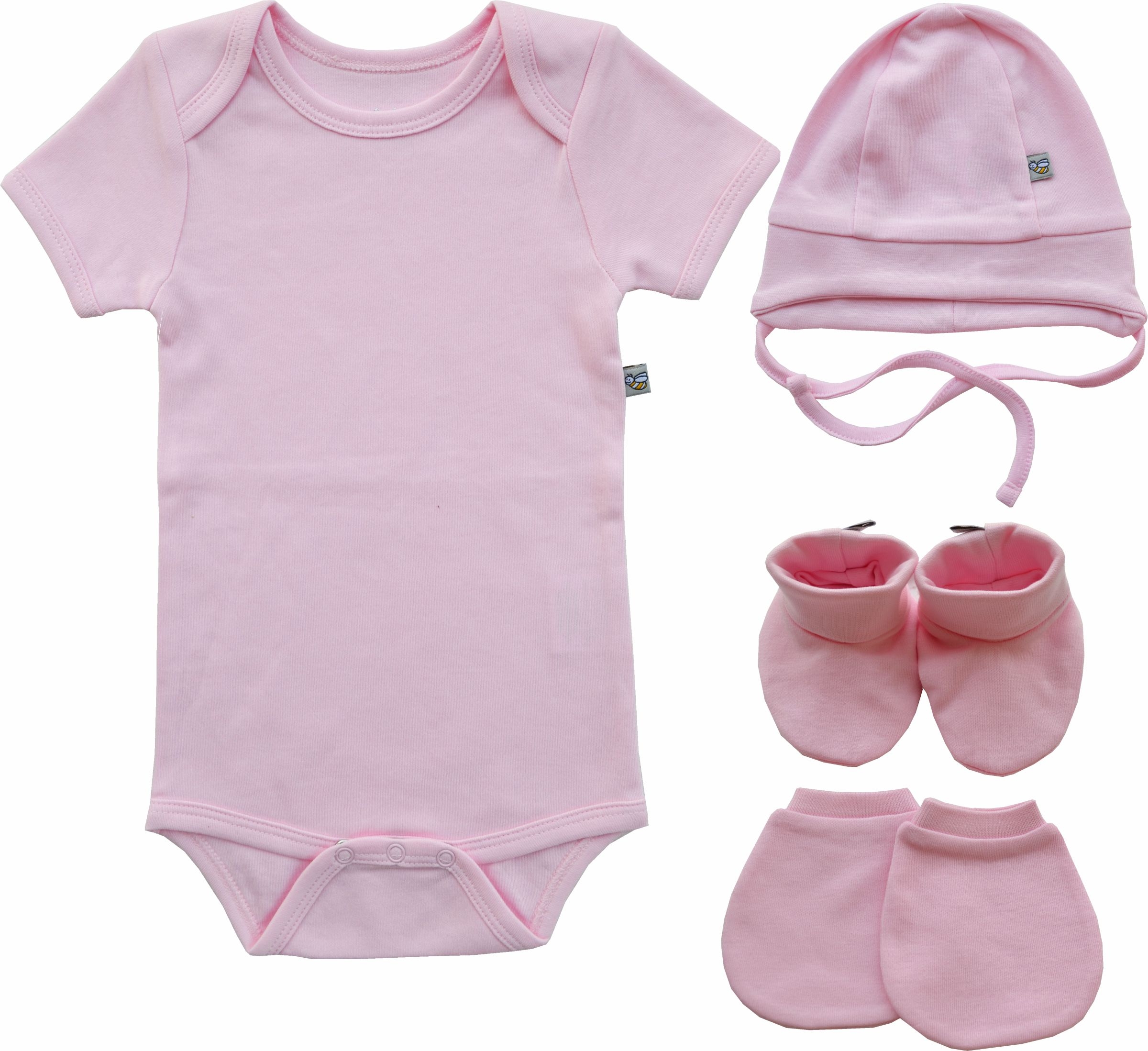 Pink Baby Romper/Onesie+Pink Cap+Pink Mitten bootie set (100% Cotton)