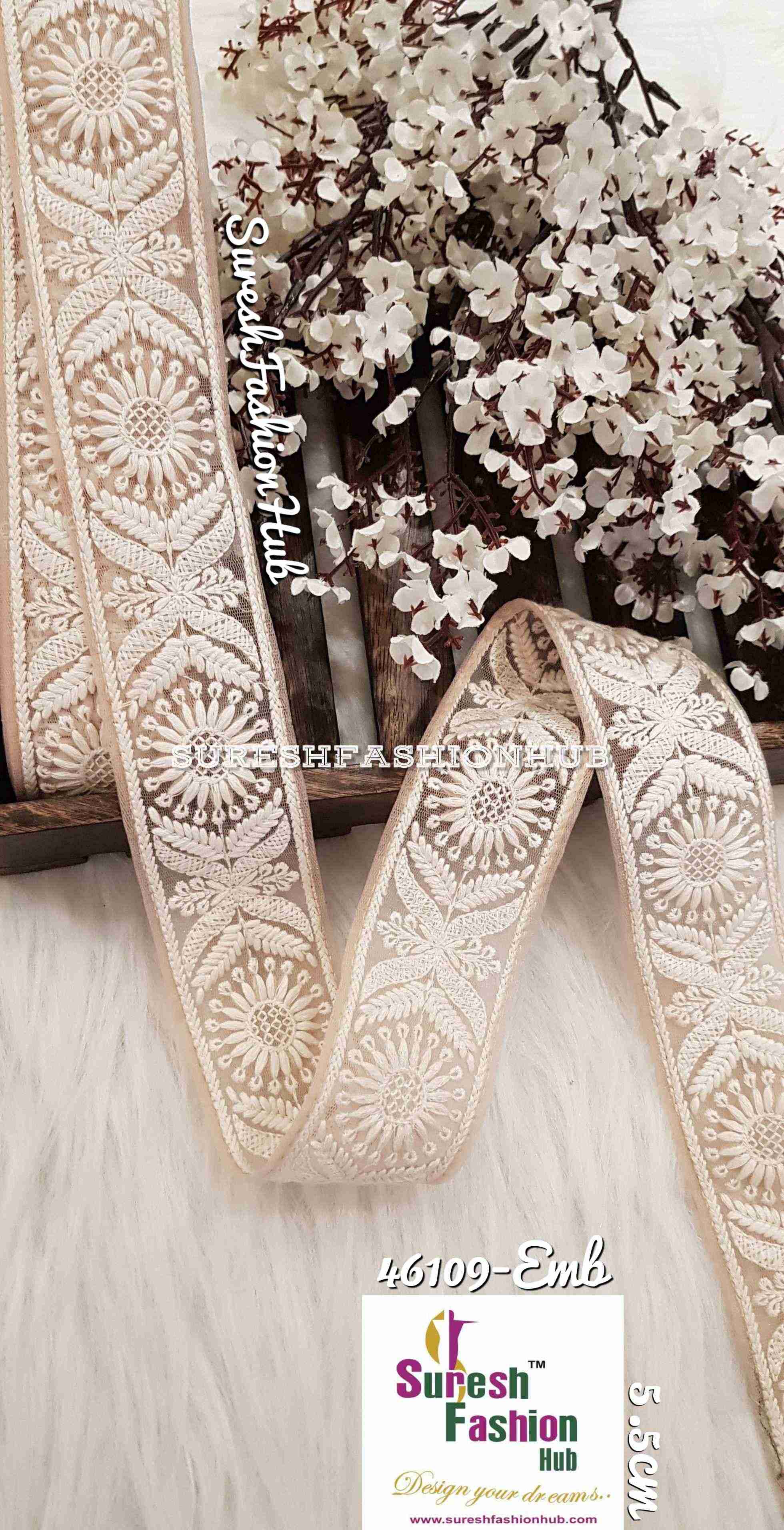 Thread Embroidered Flower & Leaves Peach Color Trim