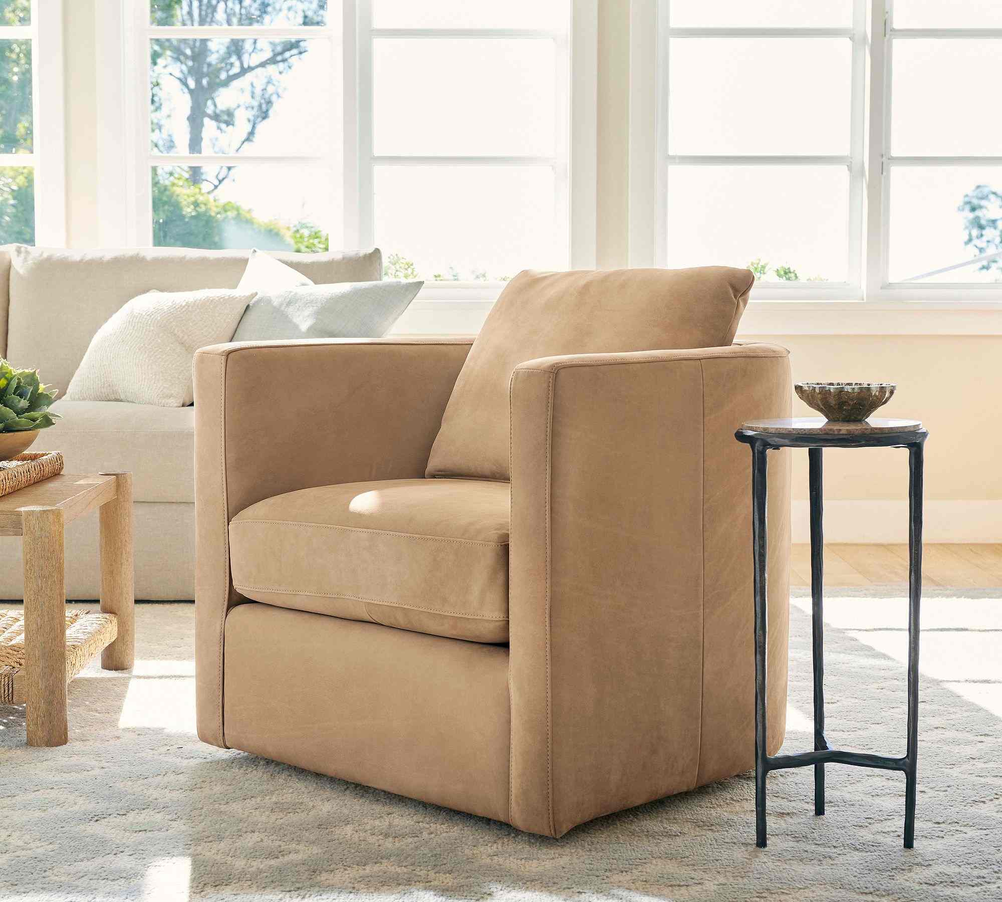 Pottery Barn | Ayden Barrel Arm Leather Swivel Chair