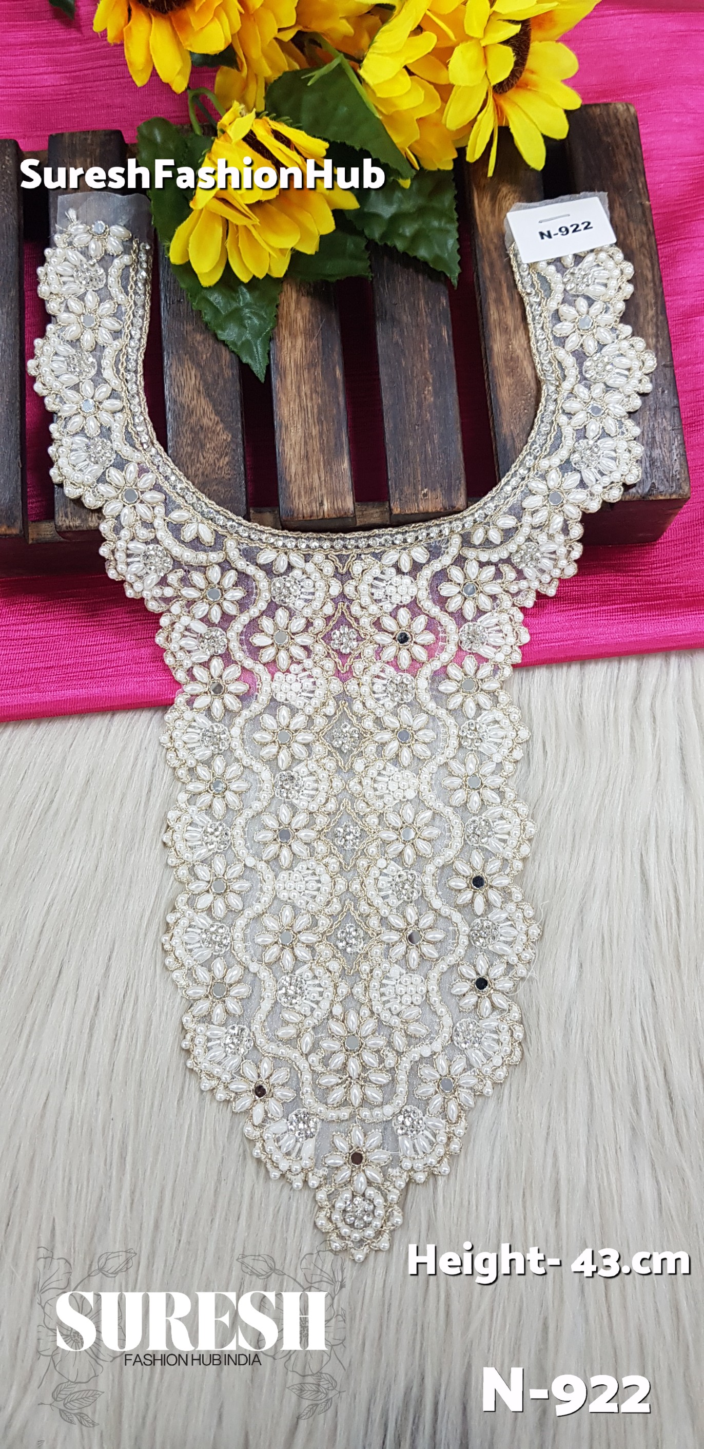 N-922 Off White Pearl Floral Organza Neck Design