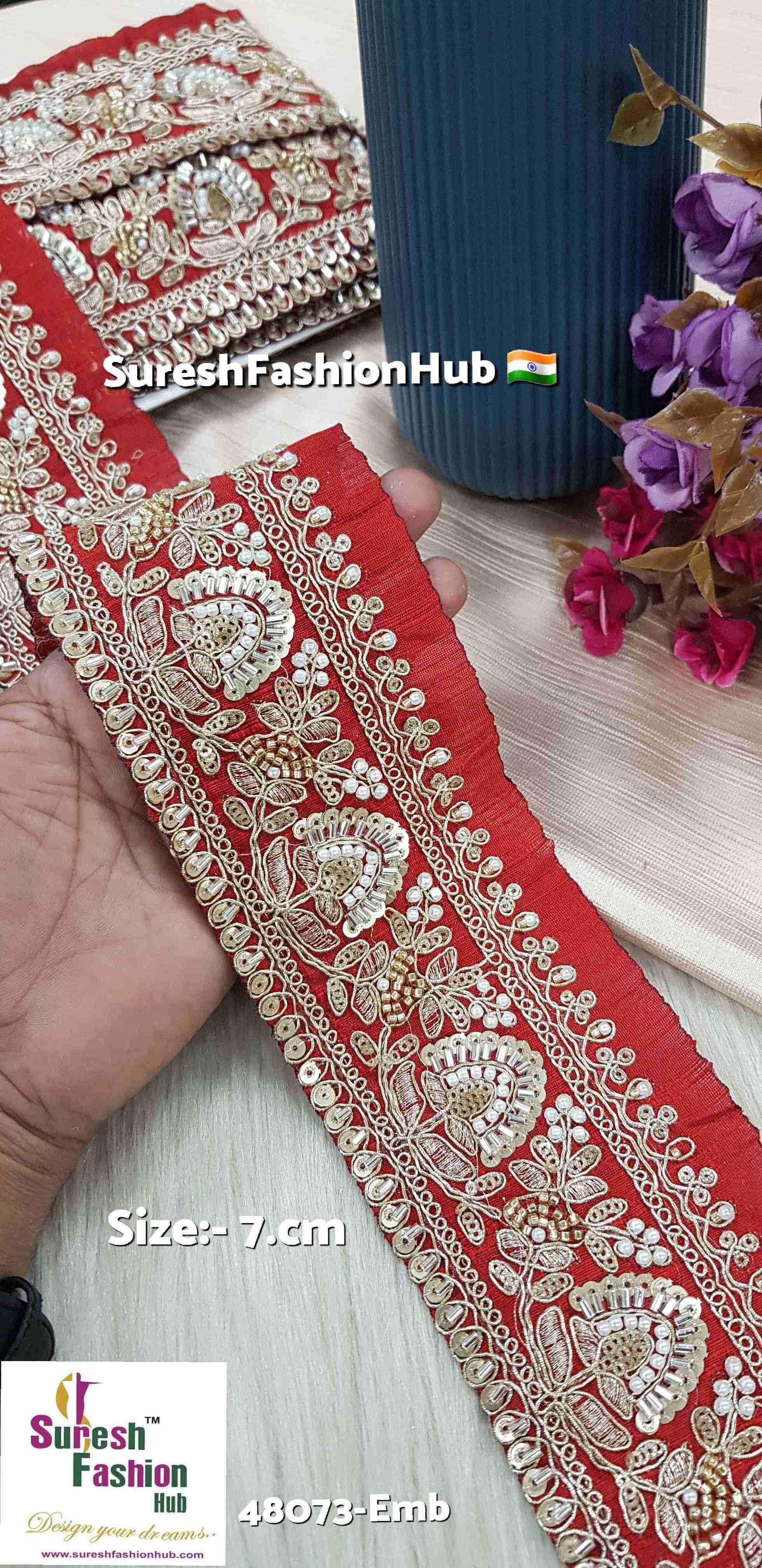 Maroon Pearl Gold Embroidery Floral Border Lace
