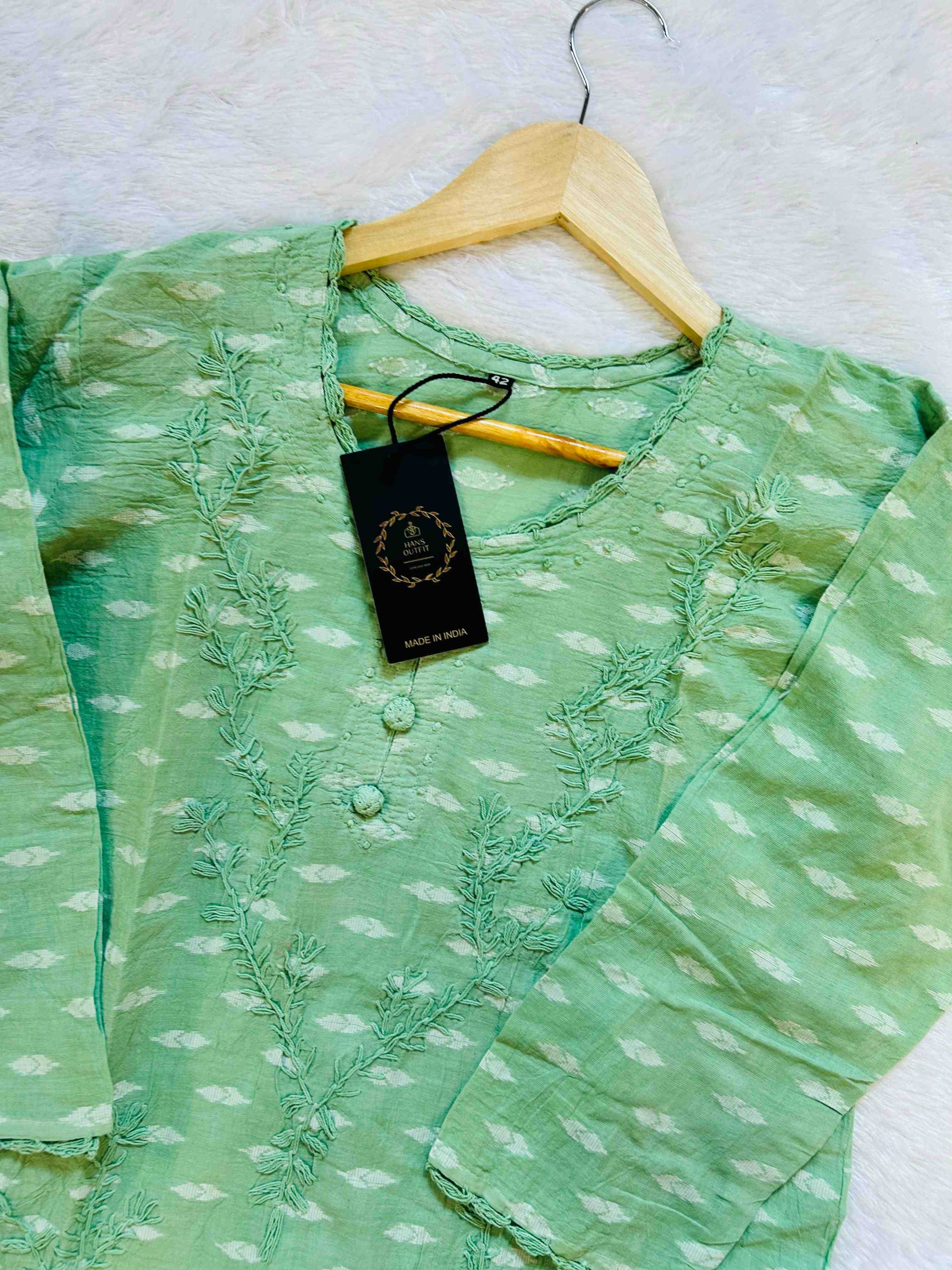 Mint Green Lucknowi chickenkari cotton  kurta