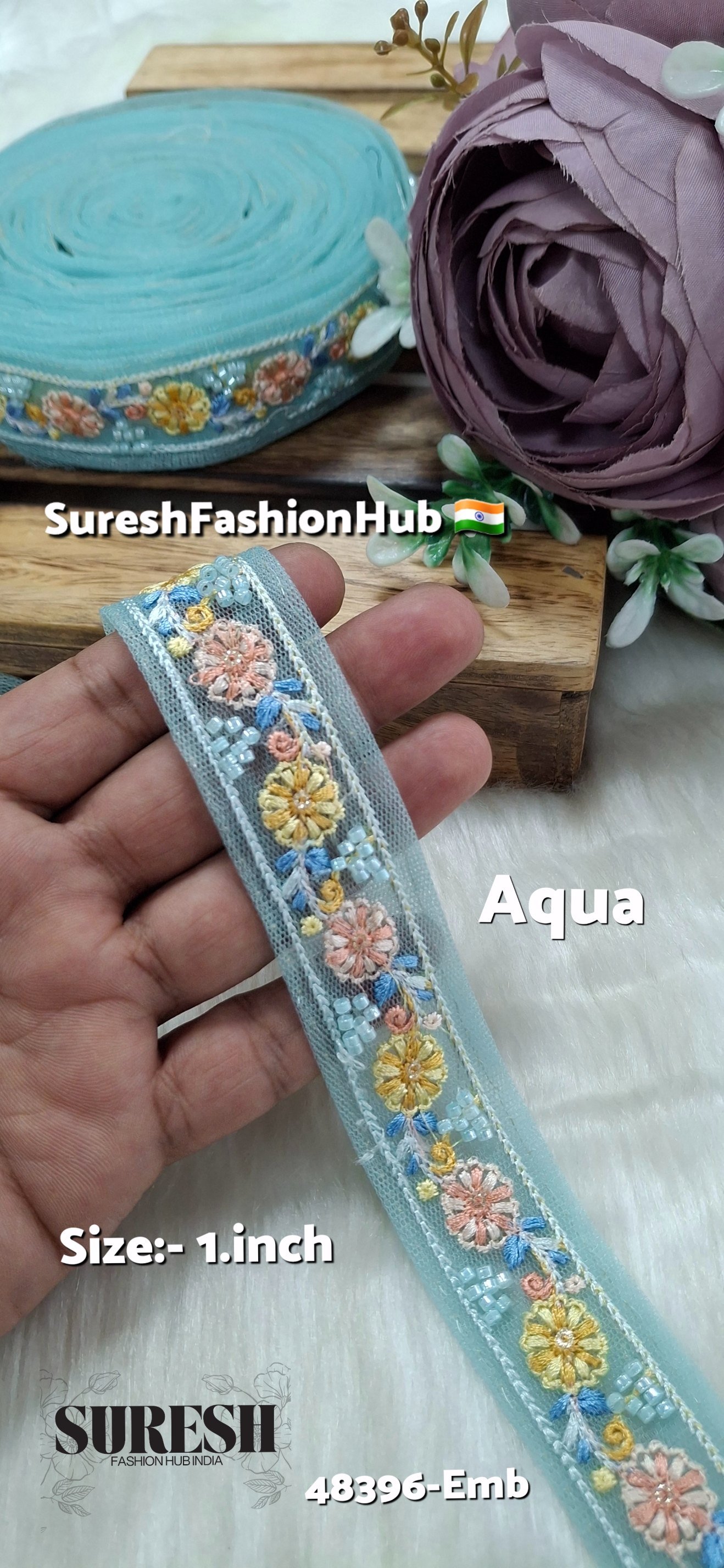 Aqua Multicolor Thread Bead Embroidery Lace