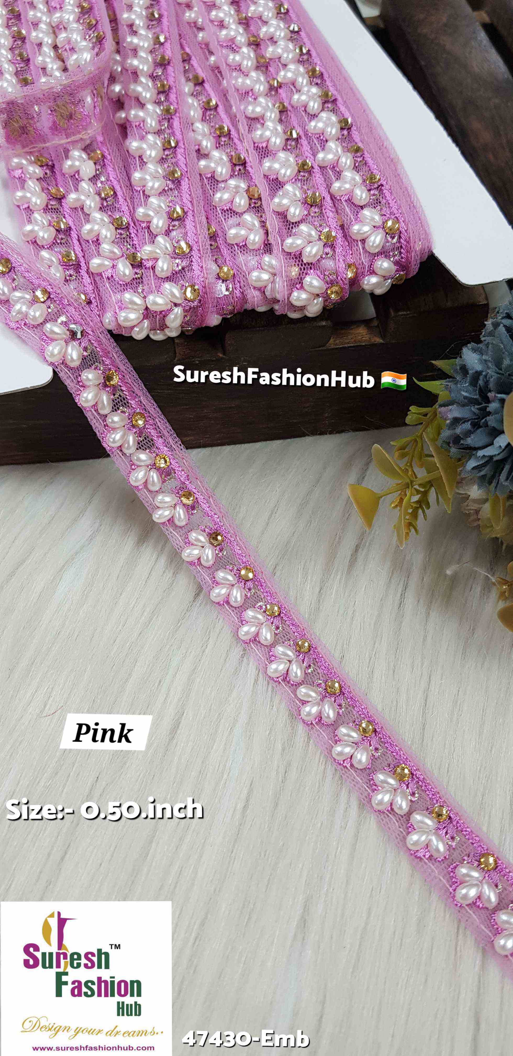 LuxeGlimmer Embroidered Trim Pink Color
