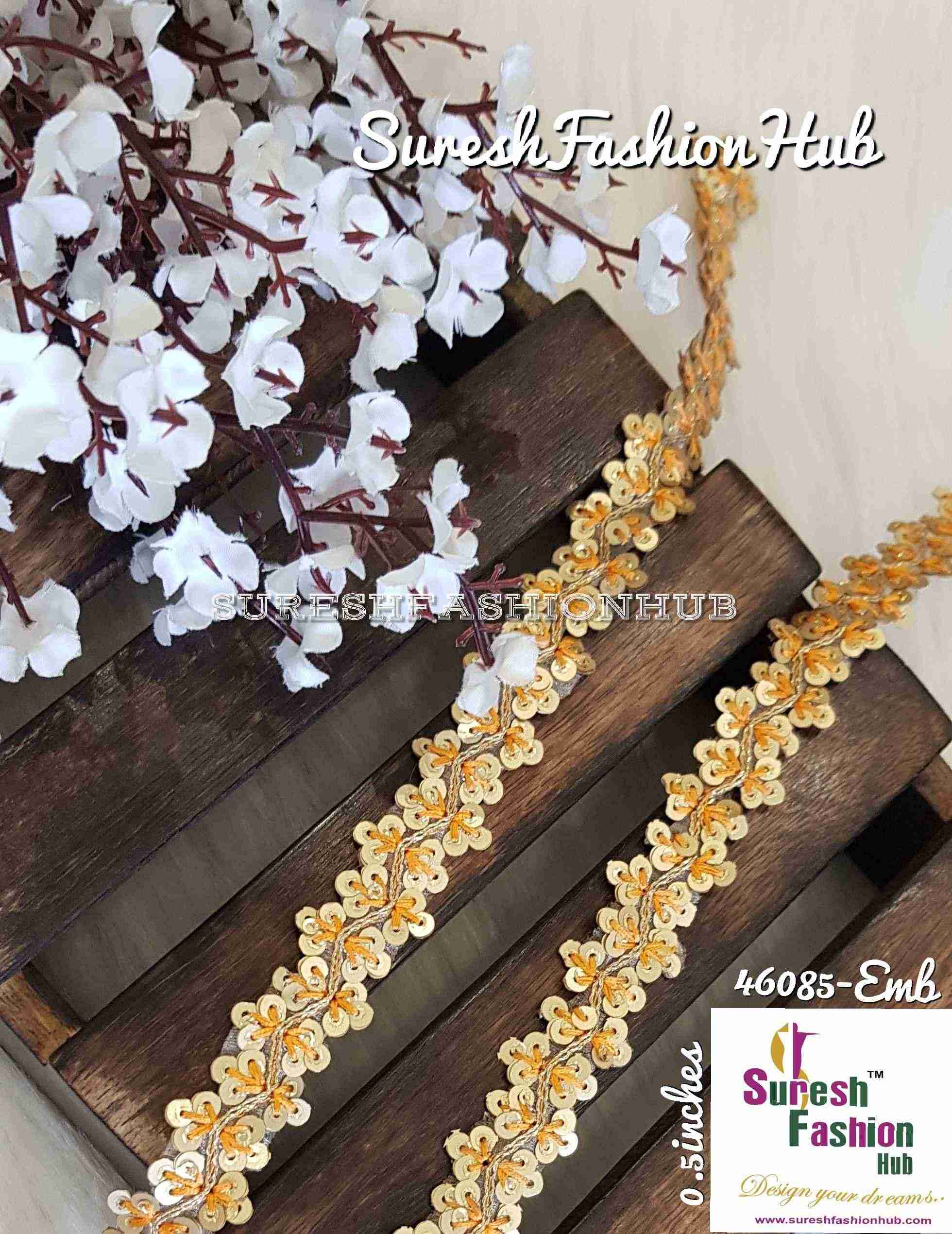 Sequence Orange Thread Embroidered Leaves Designer Trim