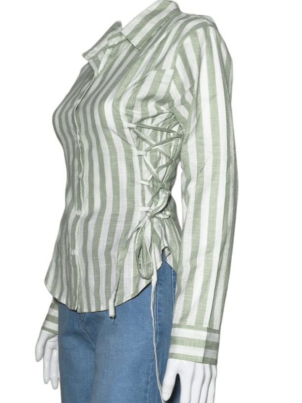 Max Fashion Women's Sage Green & White Striped Cotton Long-Sleeve Shirt