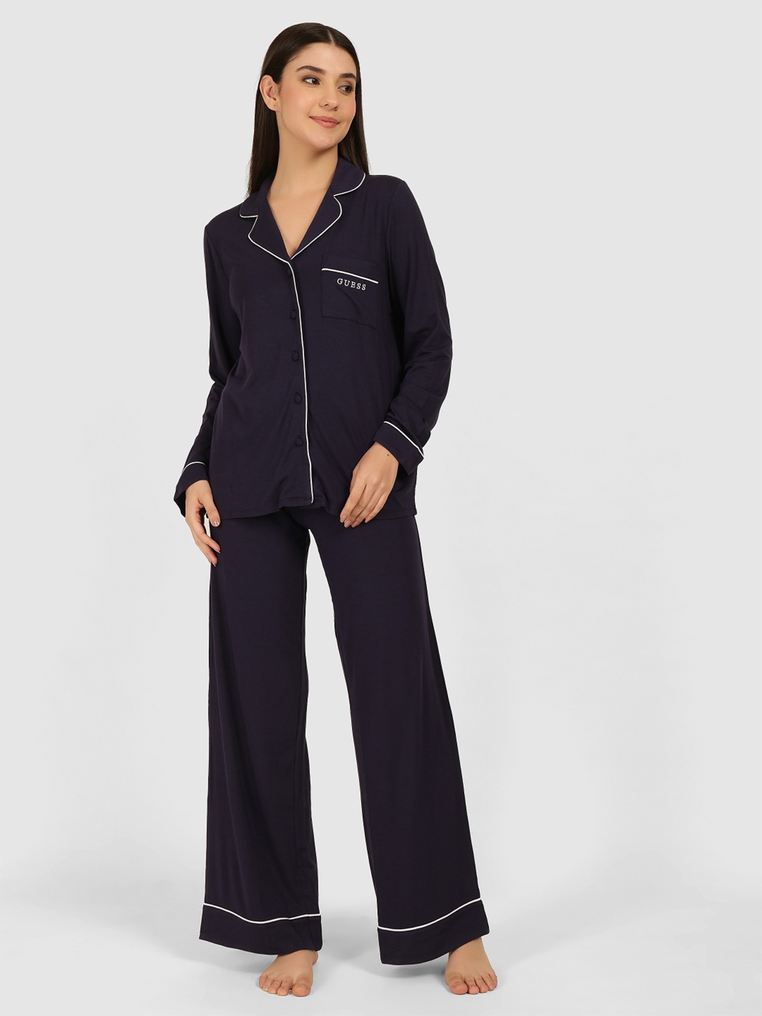 Guess Navy Blue Modal Solid/Plain Girls Pyjama Sets