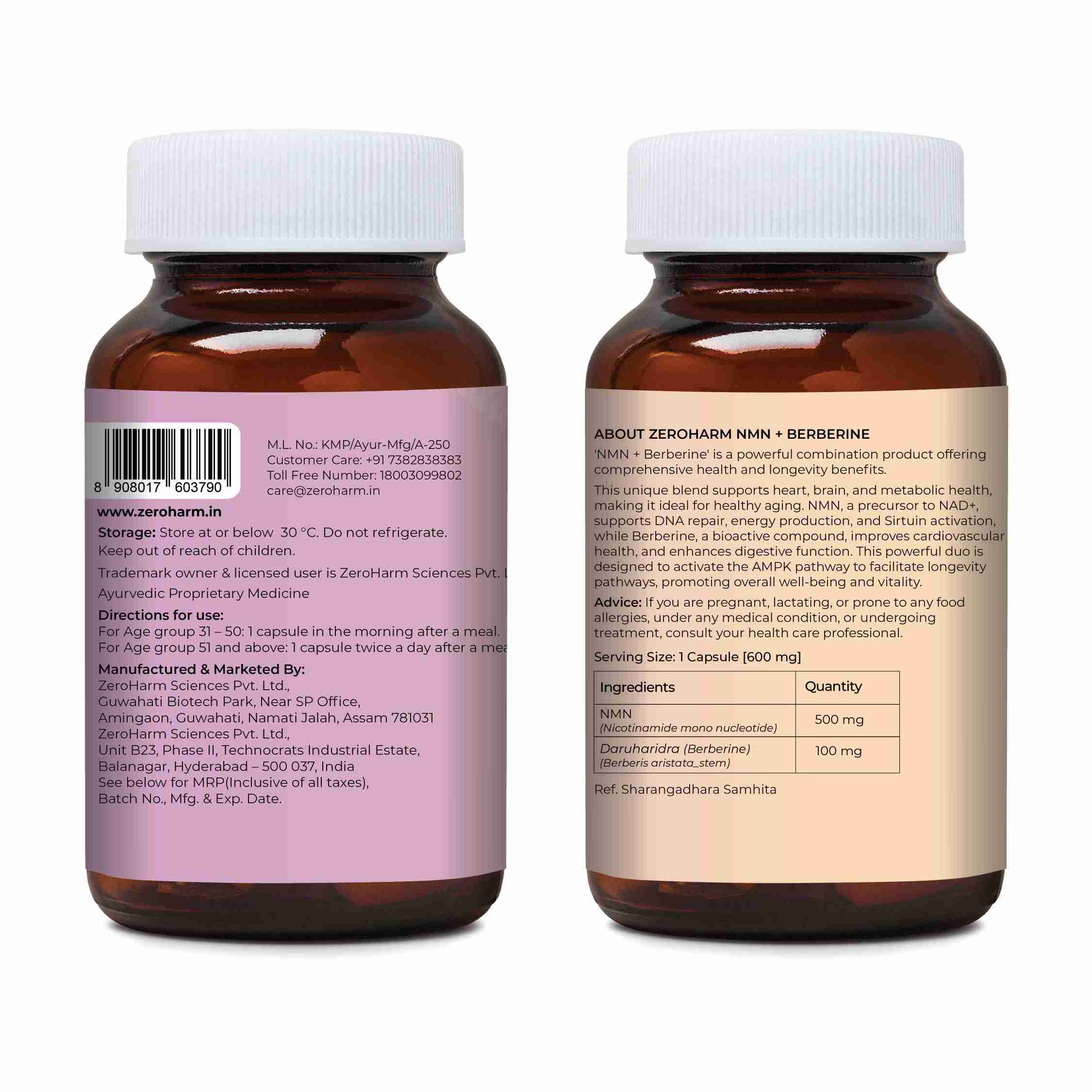 Zeroharm | NMN 500 MG + Berberine | Boost NAD+ | 30 Cap