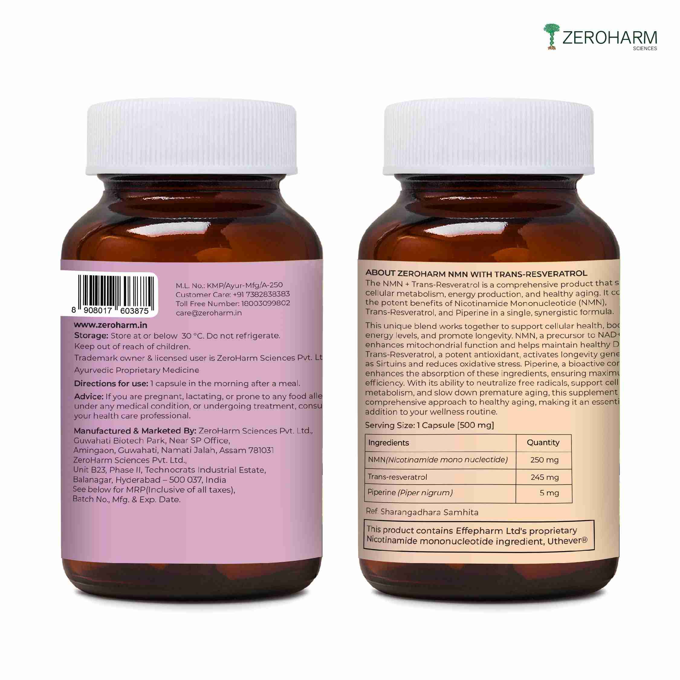Zeroharm | NMN + Trans-Resveratrol | 30 Veg Cap