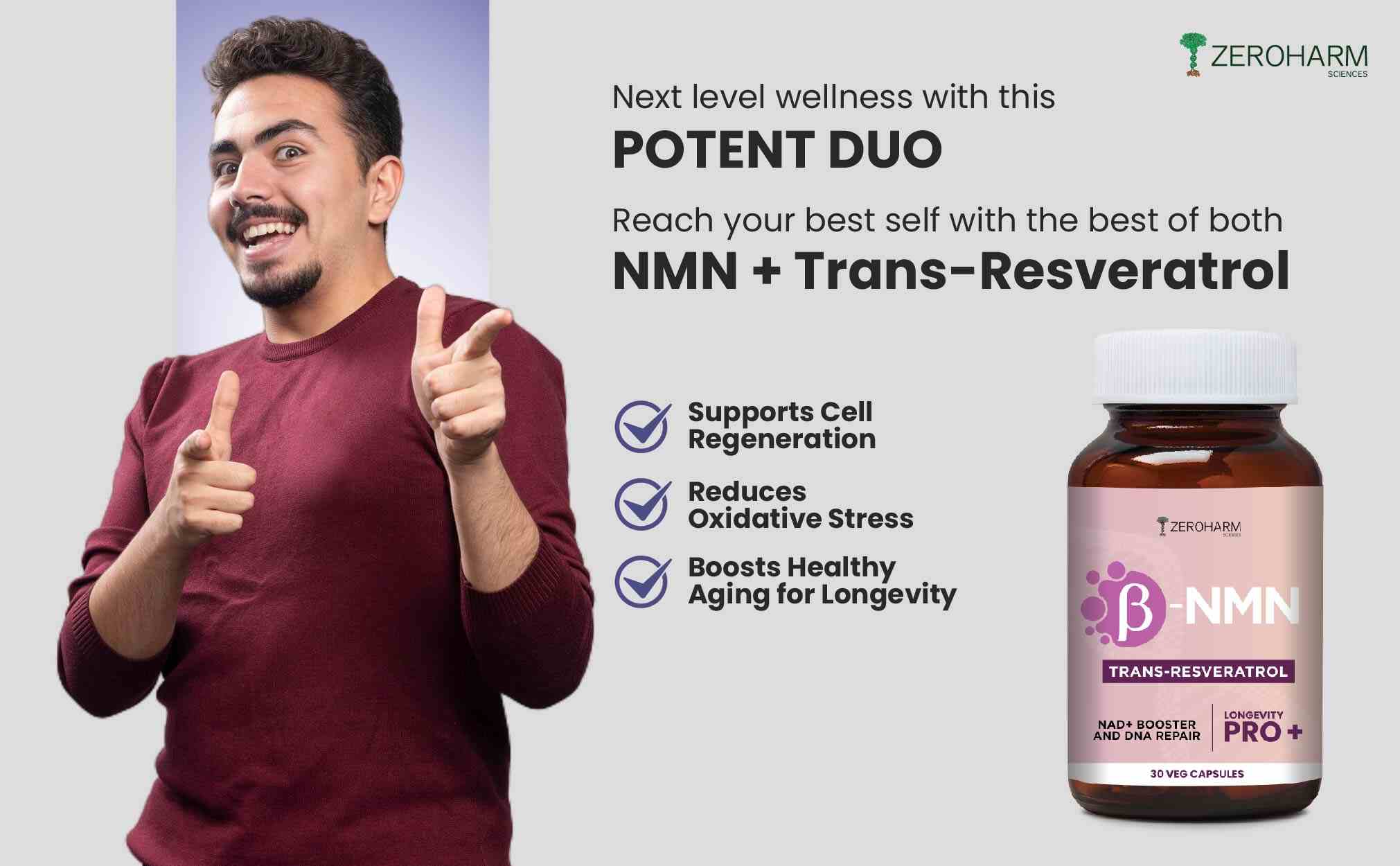 Zeroharm | NMN + Trans-Resveratrol | 30 Veg Cap
