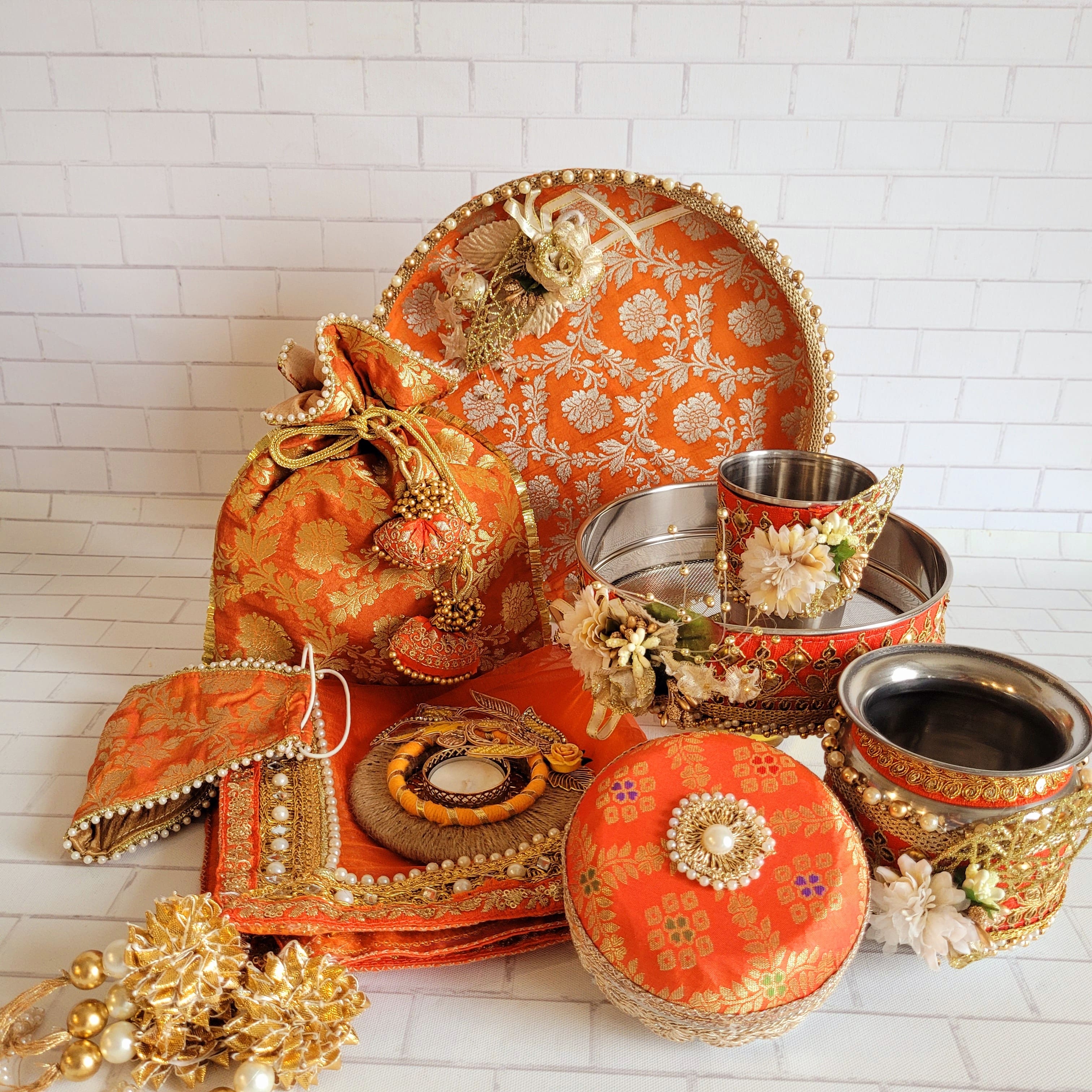 Floral art | Orange & Gold Floral Brocade Karva Chauth Thali Set  undefined