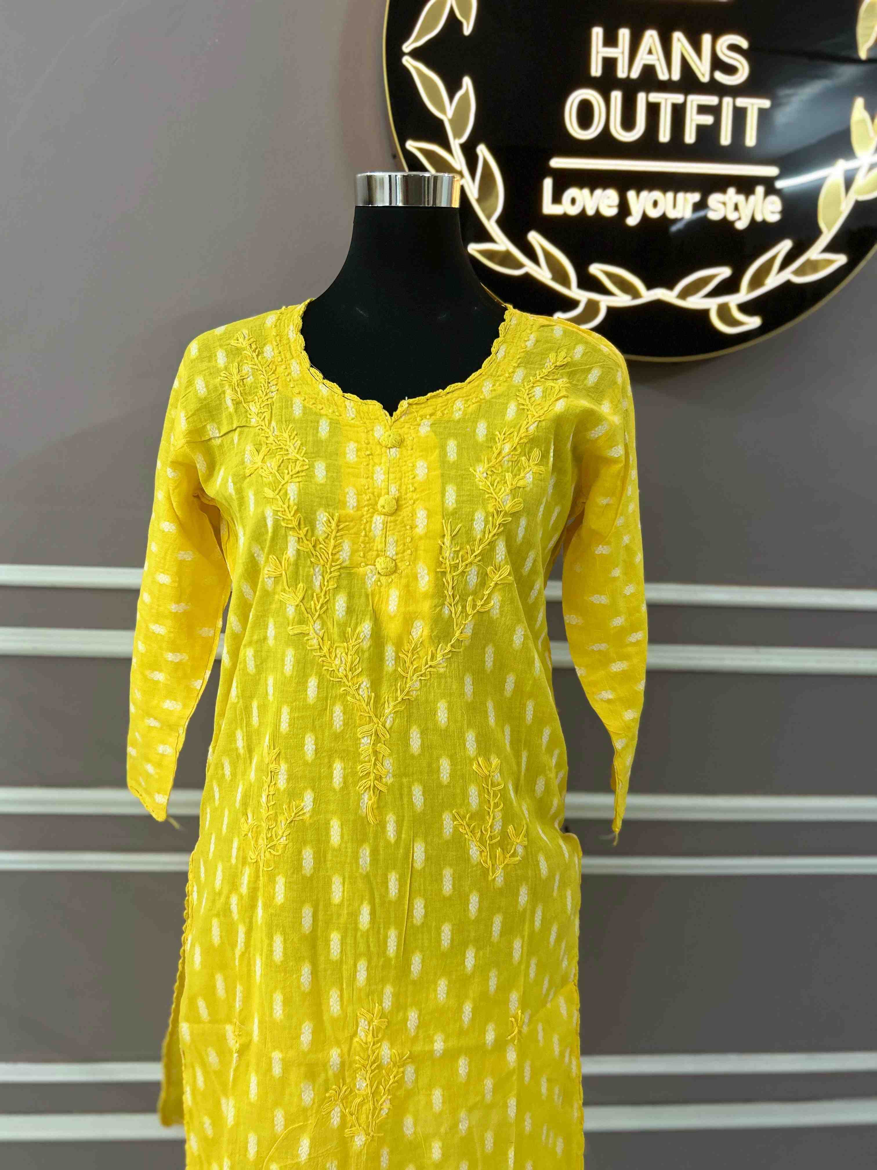 Yellow Lucknowi chickenkari cotton  kurta