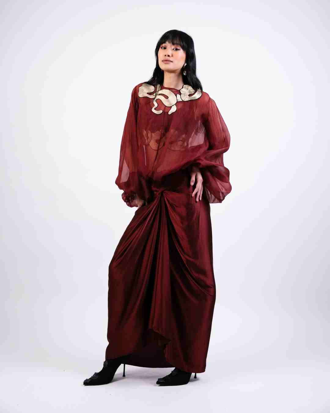 AKOK Brown Silk Organza Baloon Top with skirt and Crop top Co-ords