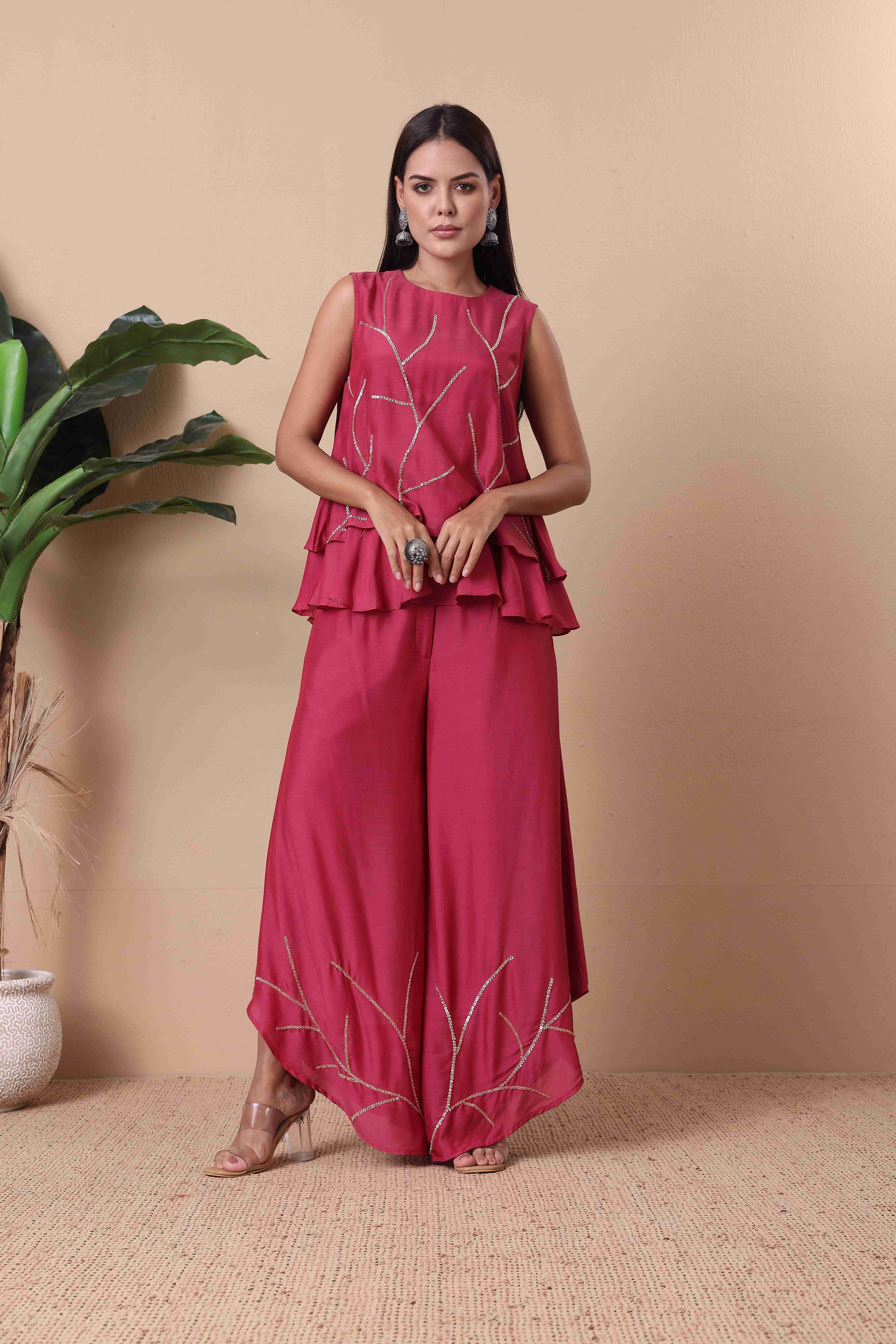 Wine Co-ord Set with Intricate Embroidery