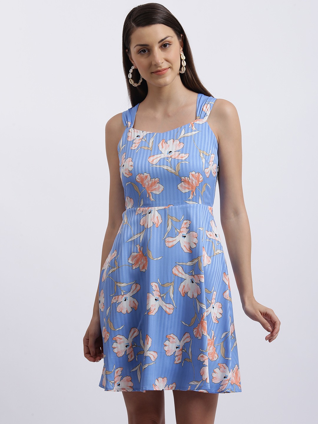 White Blue Floral Print Fit Flared Dress