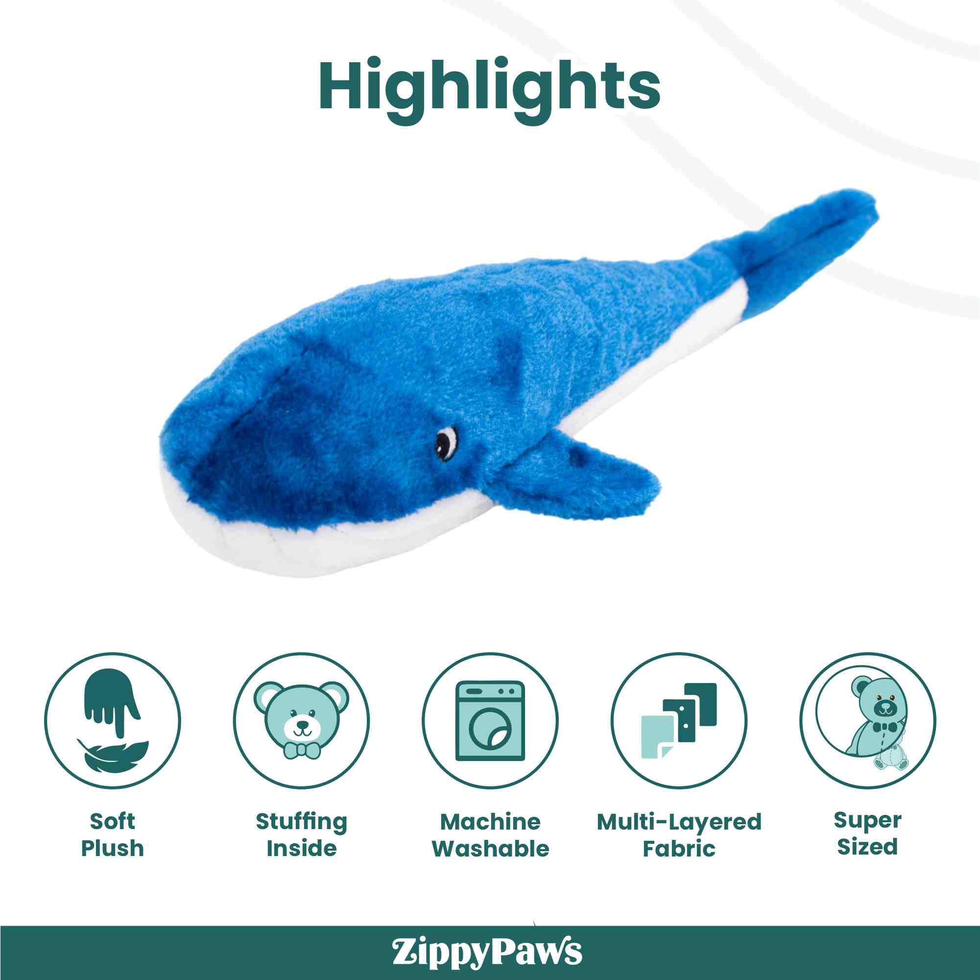 ZippyPaws Jigglerz Whale Dog Toys Blue