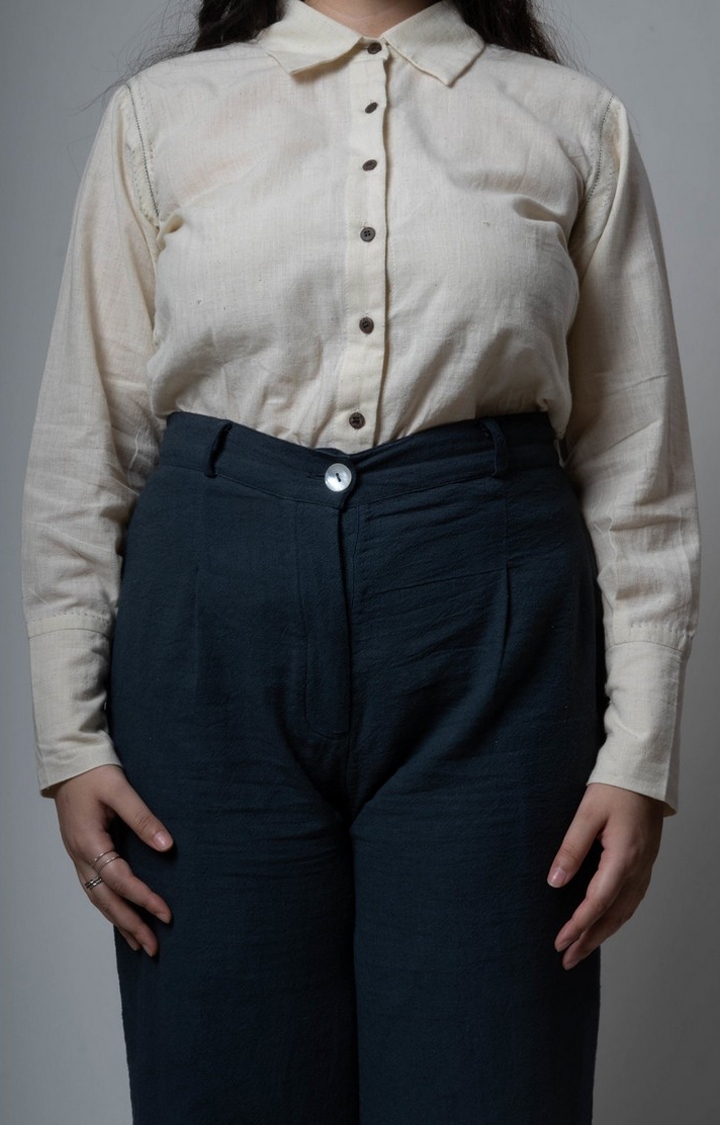 Women's Blue Cotton Solid Trouser