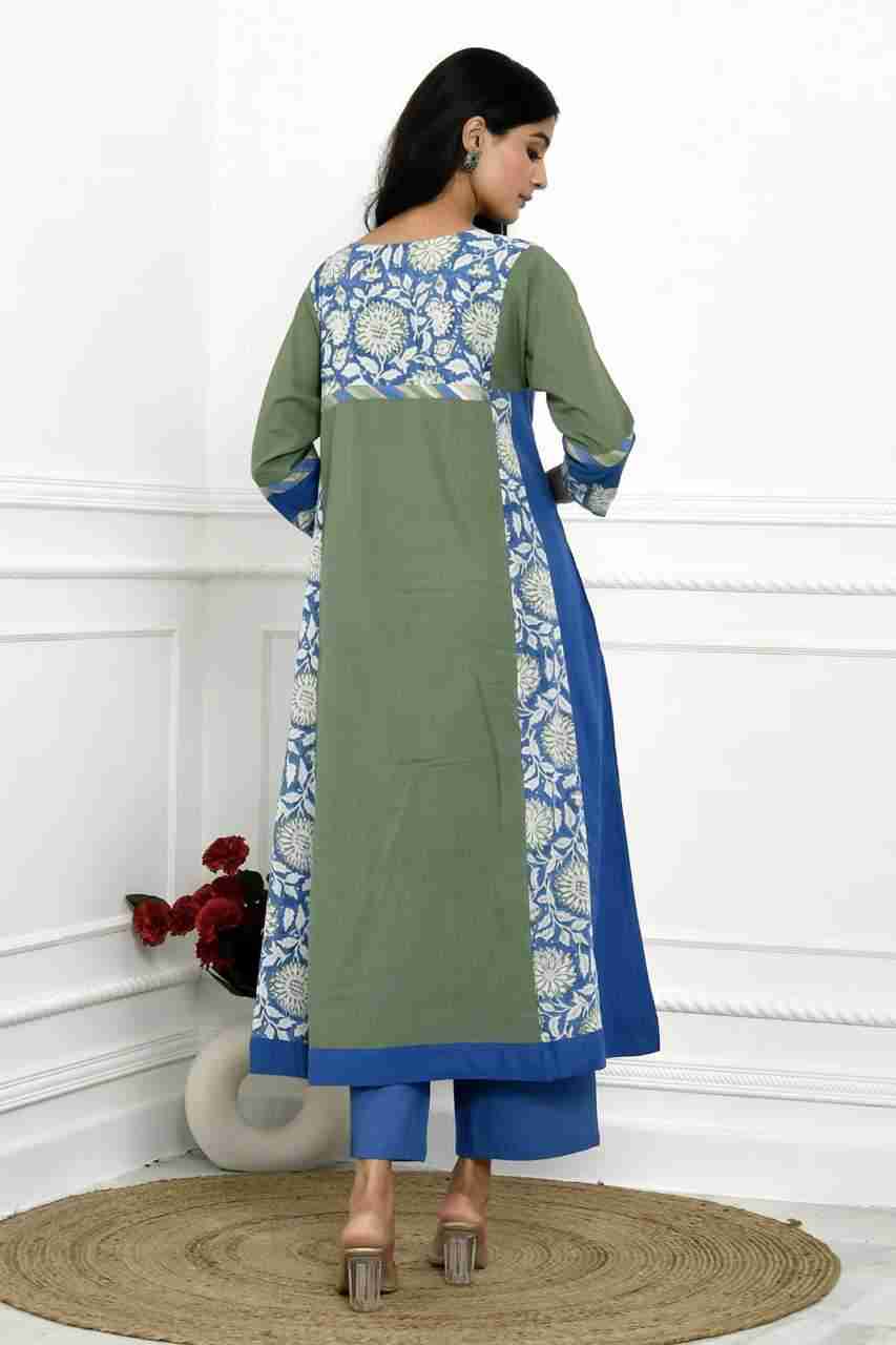 Naksh Green And Blue Solid Kalidar Kurta With Pants (Set of 2)