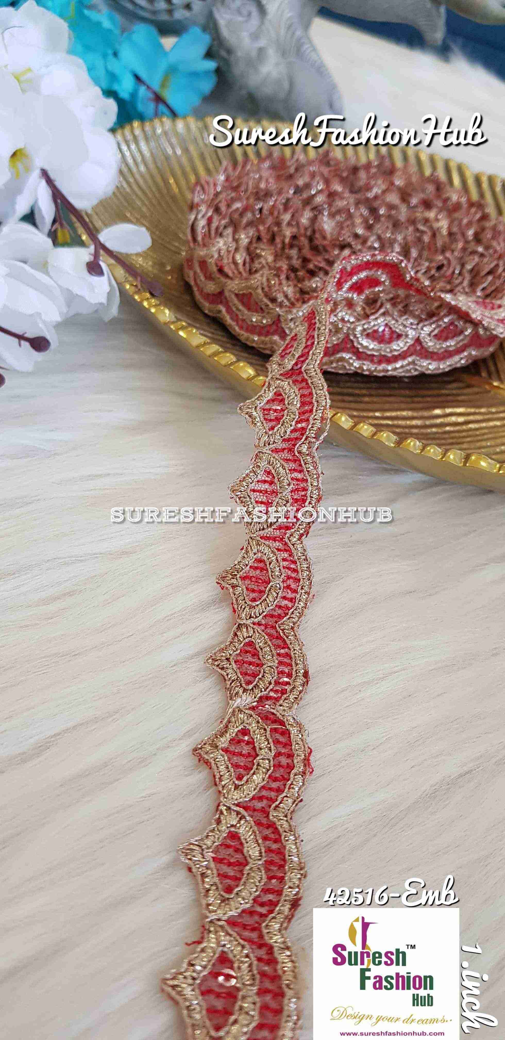 Glittering Red Waves Embroidered Trim