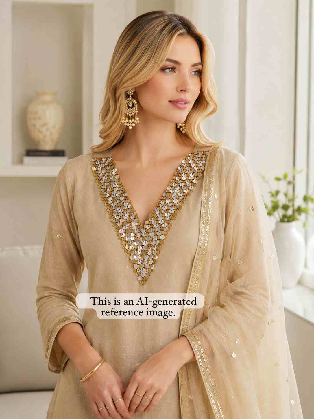 Beige Royal Metal Sequin V-Neck Patch – Mj-Neck-162