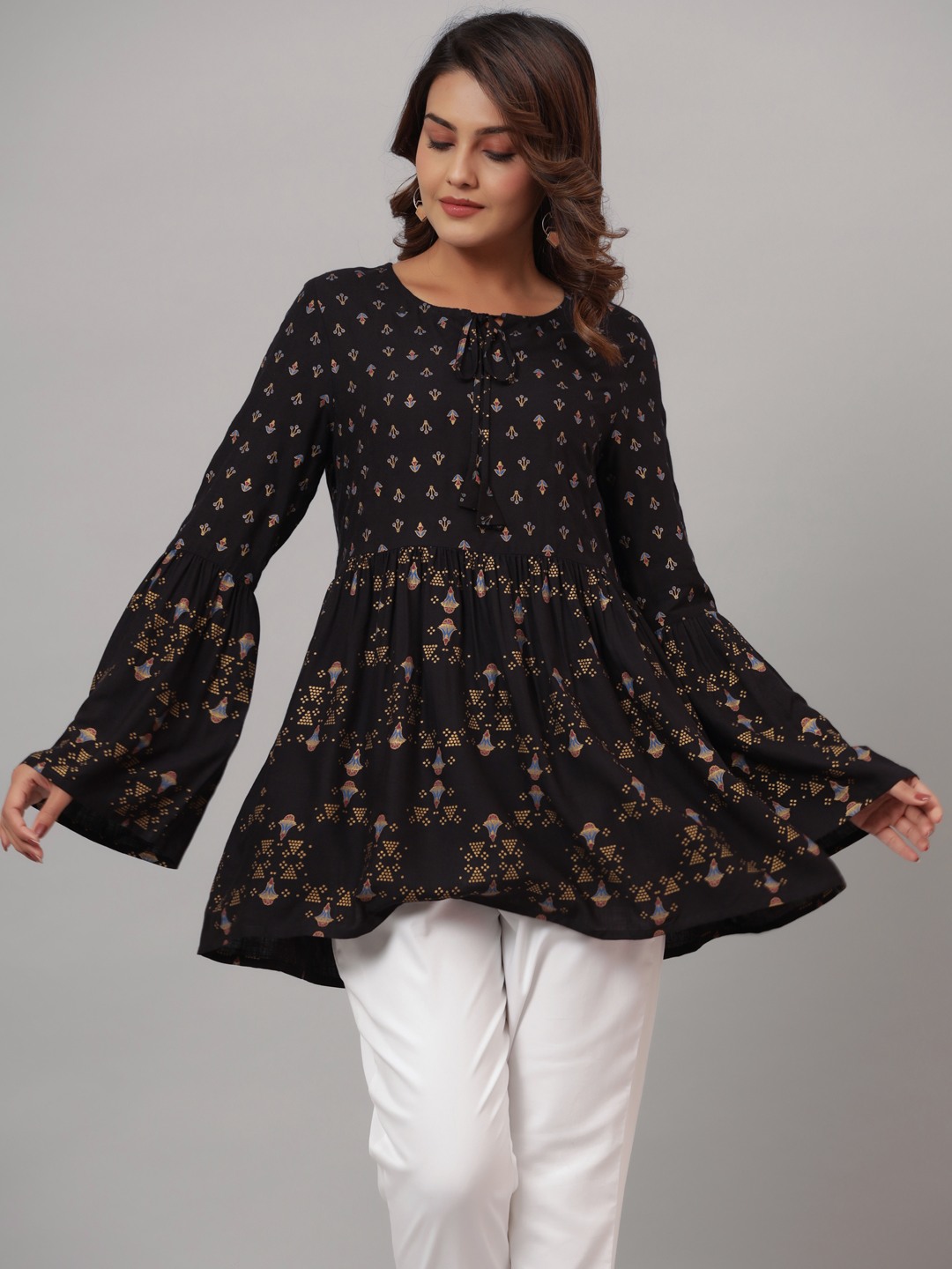 Front Tie Up Neck Gathered Top