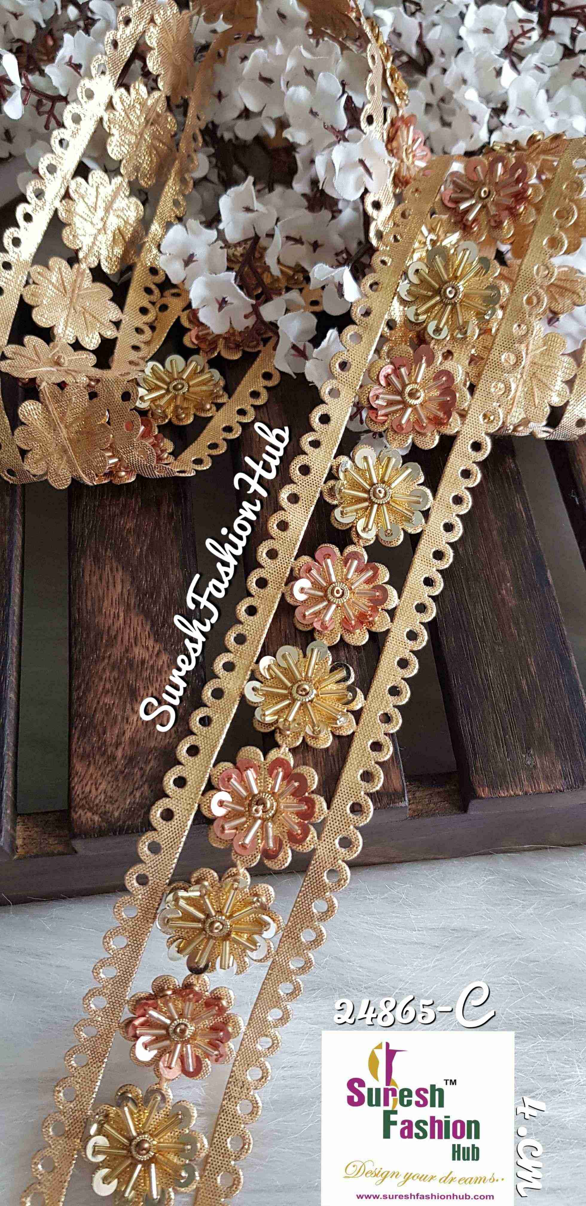 Gold Or Rose Gold with Cutdana Flowers Designer Trim