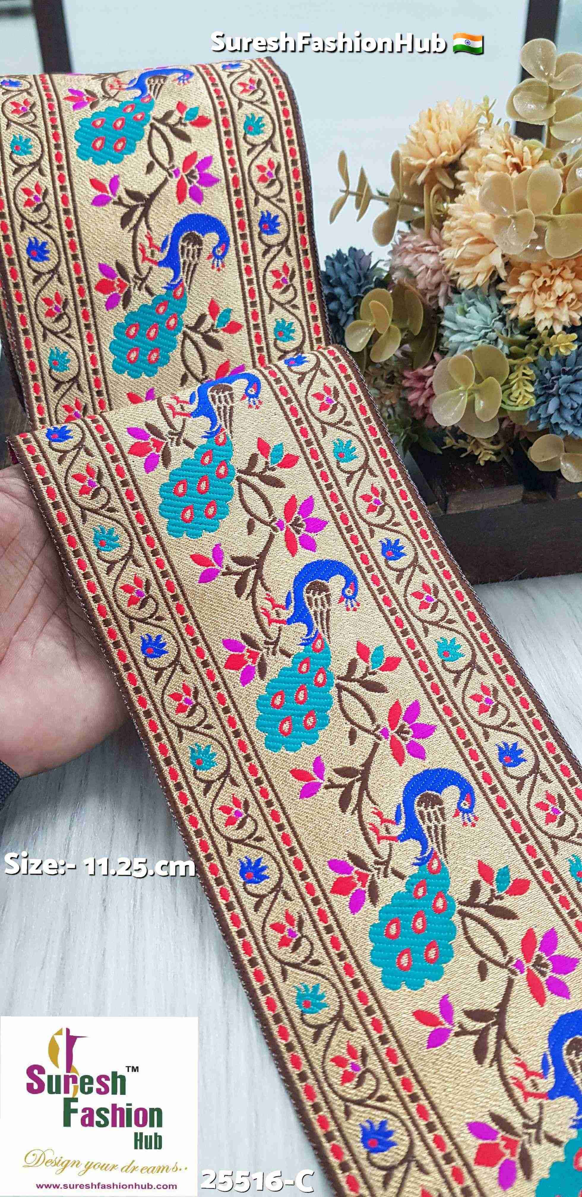 Peacock Floral Banarasi Brown+Red  Border Lace
