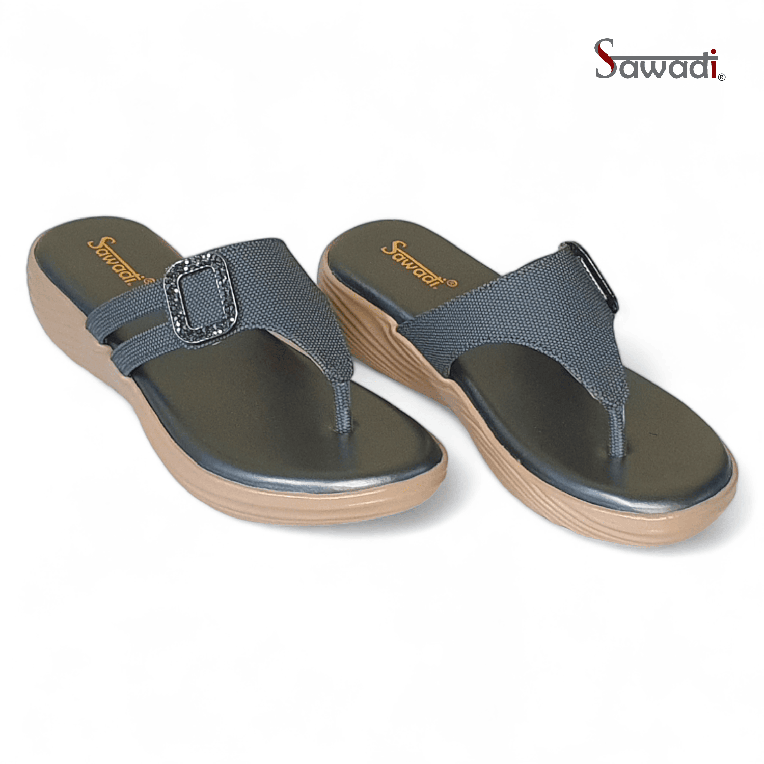 Sawadi Women’s Black Wedge Slip-On Sandals | Stylish Daily Wear Chappals with Buckle and Tan Sole