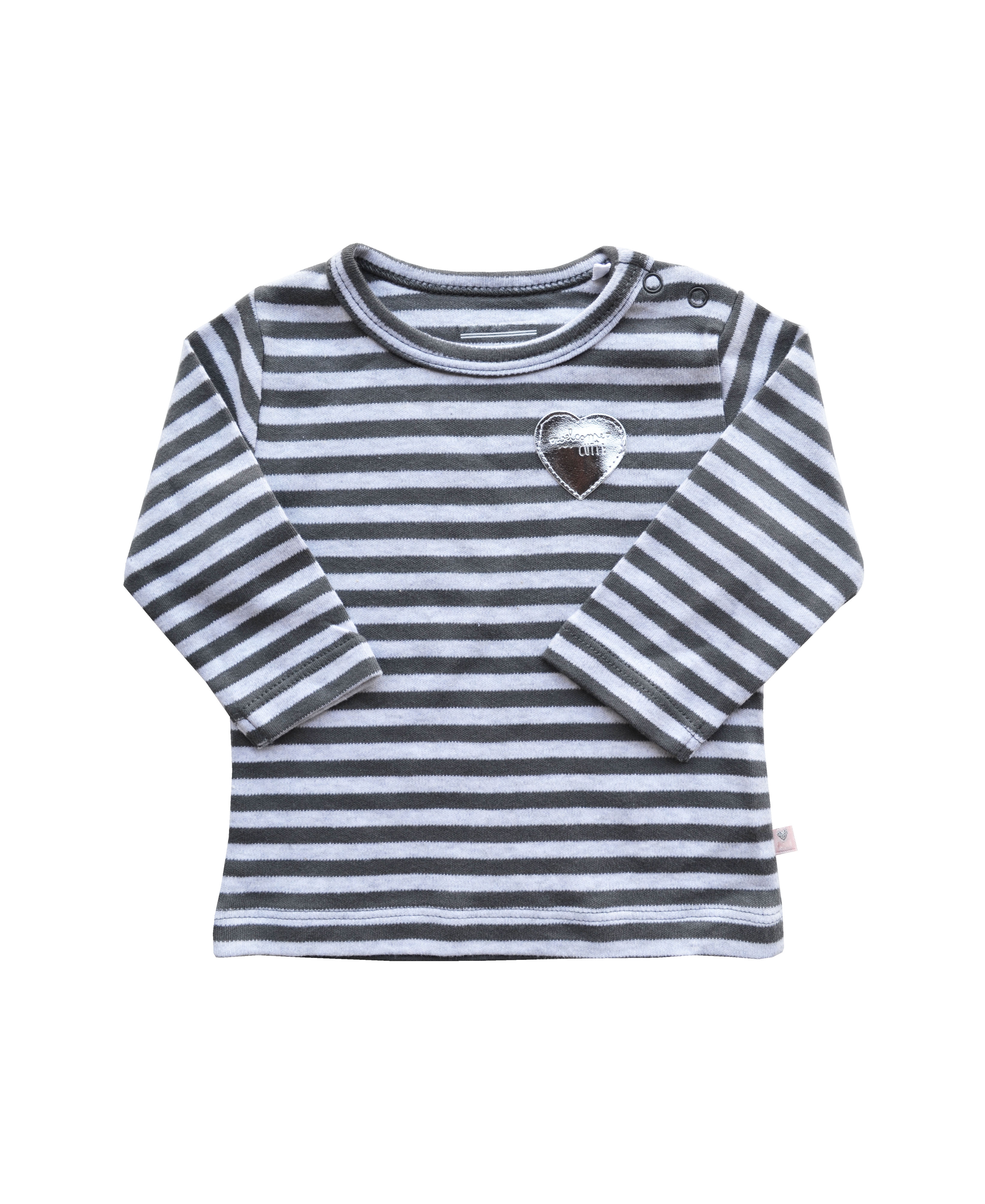Babeez | Grey Striped T-shirt with Silver Heart Patch (100% Cotton Interlock Biowash) undefined