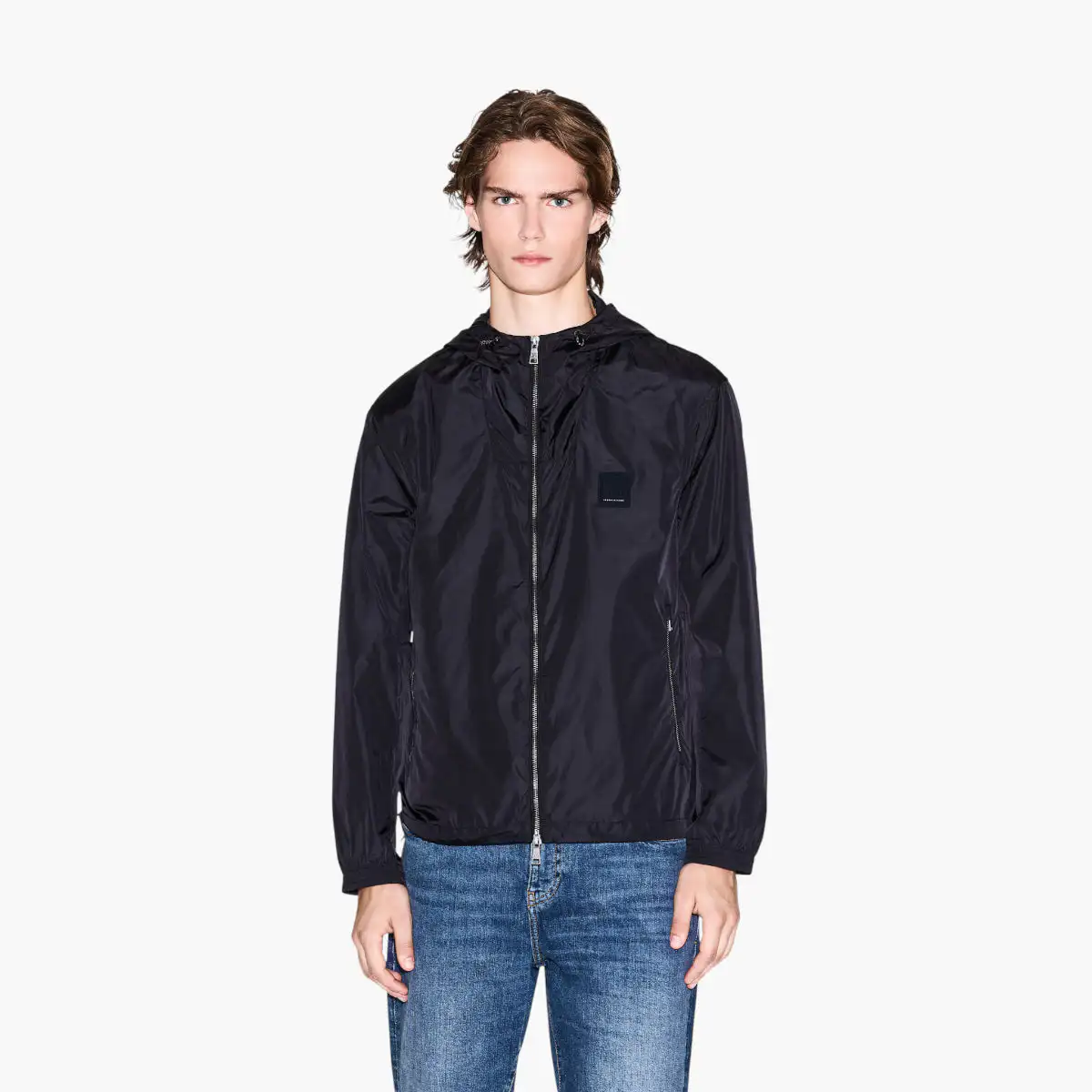 Regular Fit Icon Zip Up Hooded Windbreaker Jacket With Monochromartic Logo Patch
