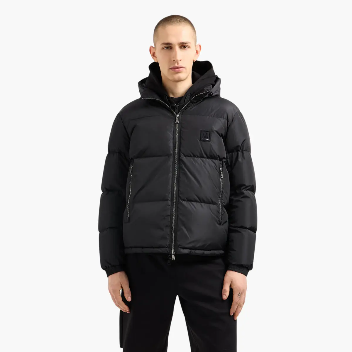 Icon Zip-Up Down Jacket With A Hoodie And Monochromatic Logo Patch