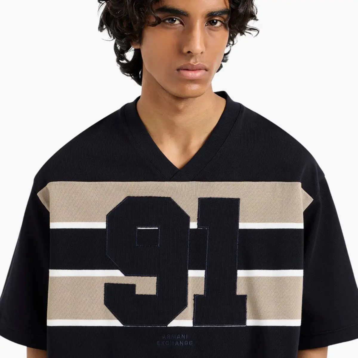 Regular Fit Cotton V-Neck T-Shirt With Cuffed Sleeves And Embroidered Branding