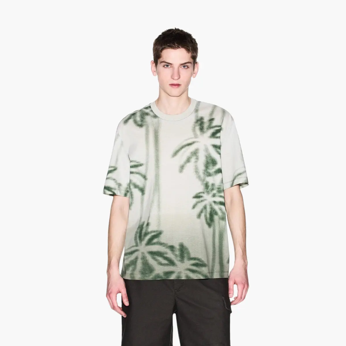Regular Plus Fit Cotton Crewneck T-Shirt With Palm Tree Print