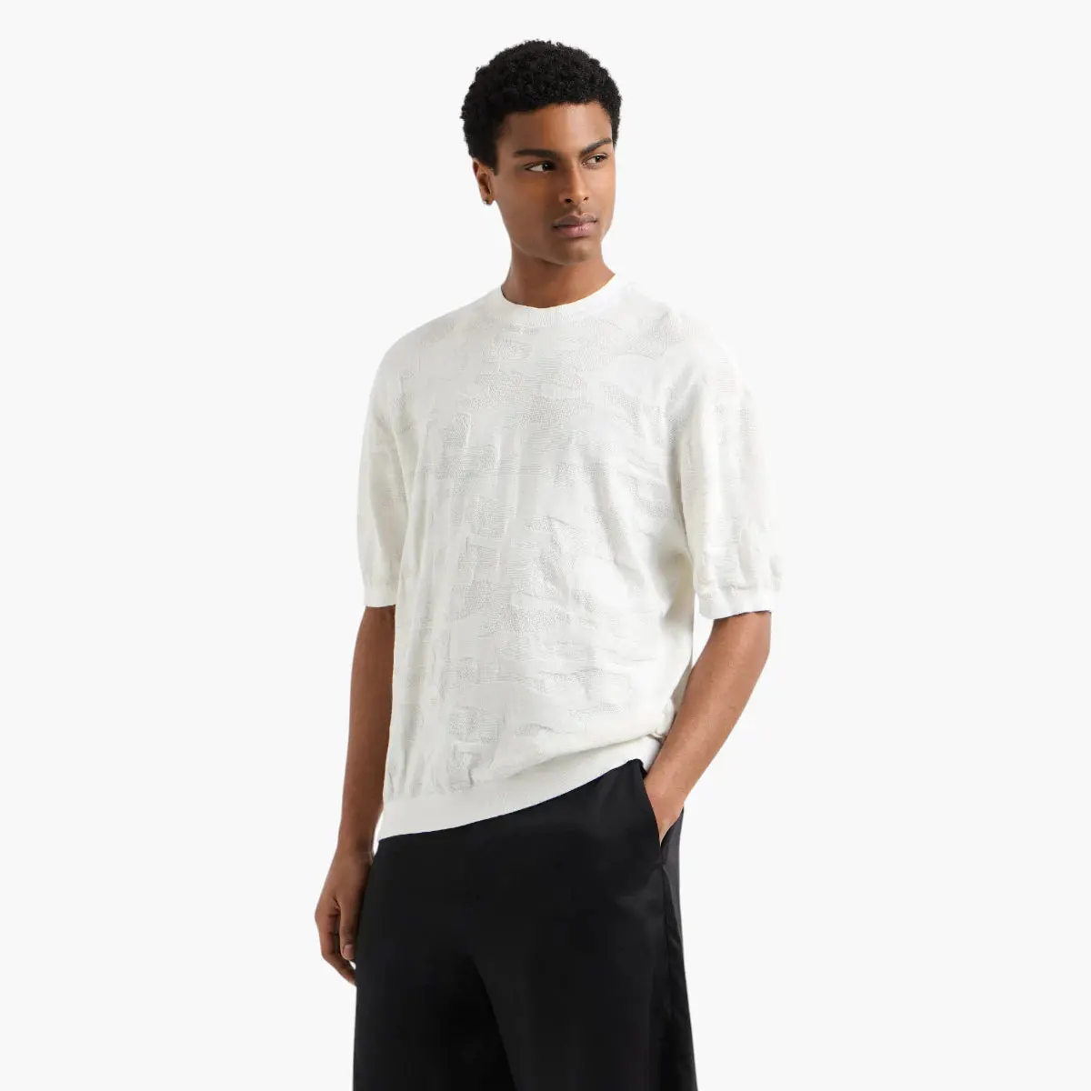Regular Fit Cotton Crewneck Pullover With Embossed Pattern Detailing