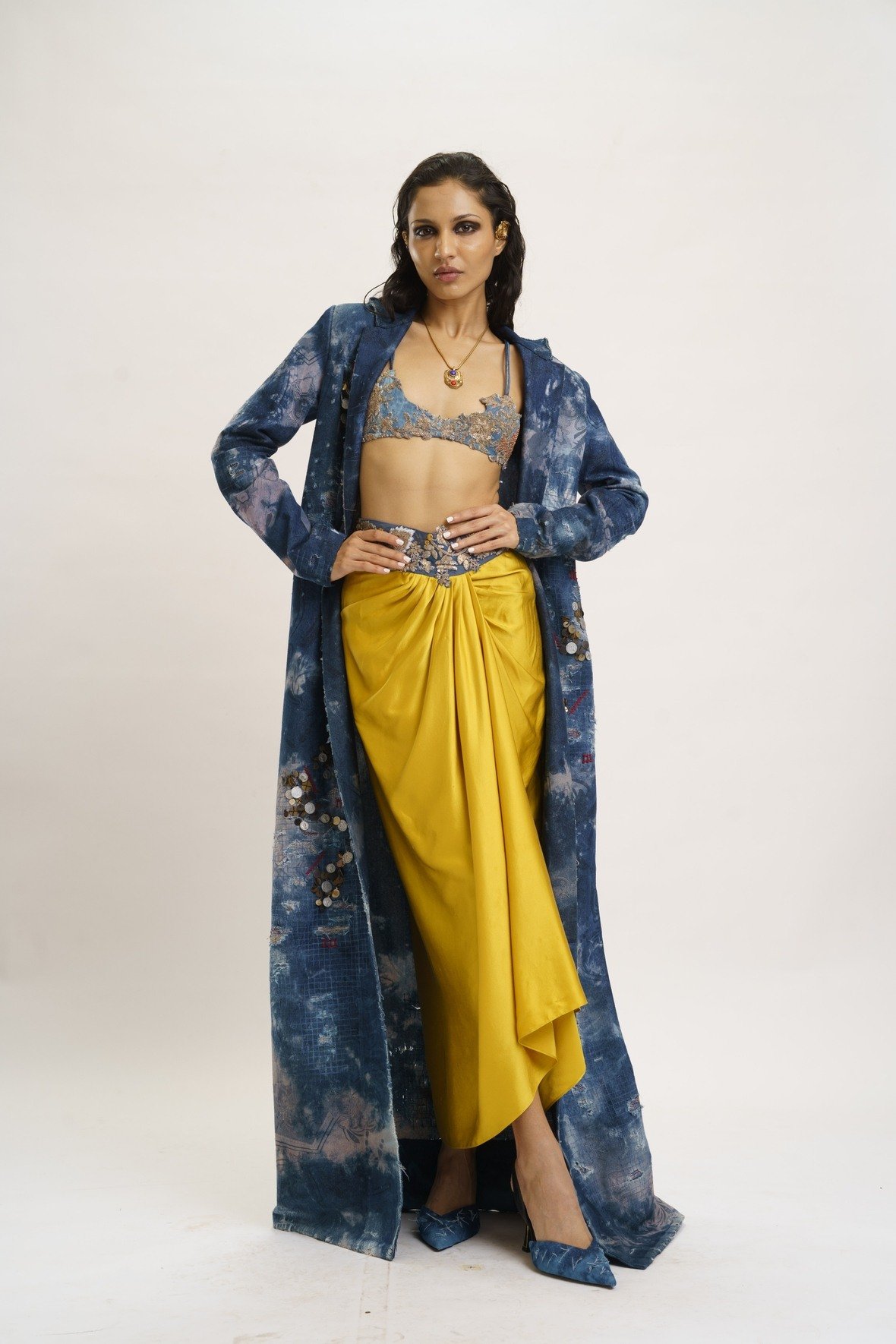 Denim Long Coat with Crop Top & skirt