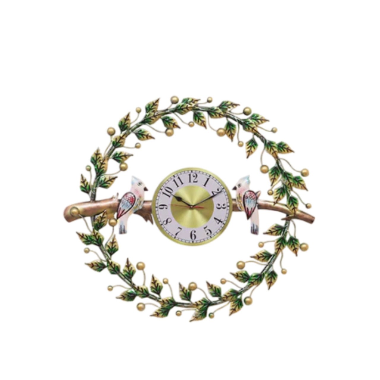 Hidenchic - Adah Handcrafted Decor - Metal Wall Clock - Leafs In Gold & Green Colour