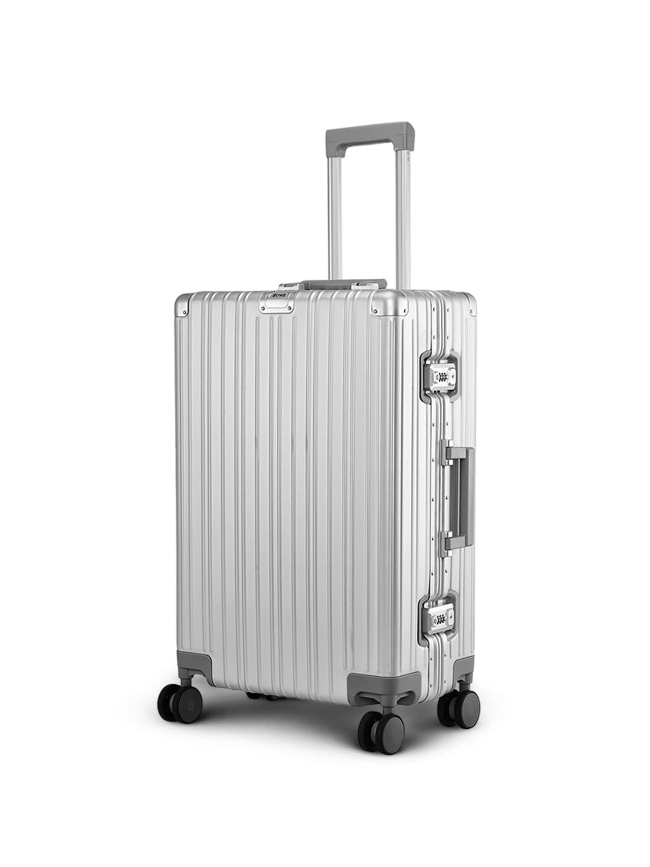 EUME 100% Aluminium Checkin Trolley Bag Medium 60cm Aluminium Silver with Grey Wheels