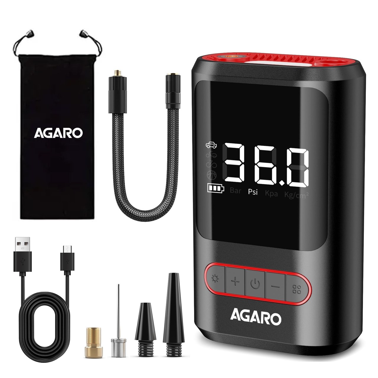 Galaxy Portable Tyre Inflator for Cars, Bikes, Bicycles & Balls, 150 PSI Pressure, SOS Modes - Black