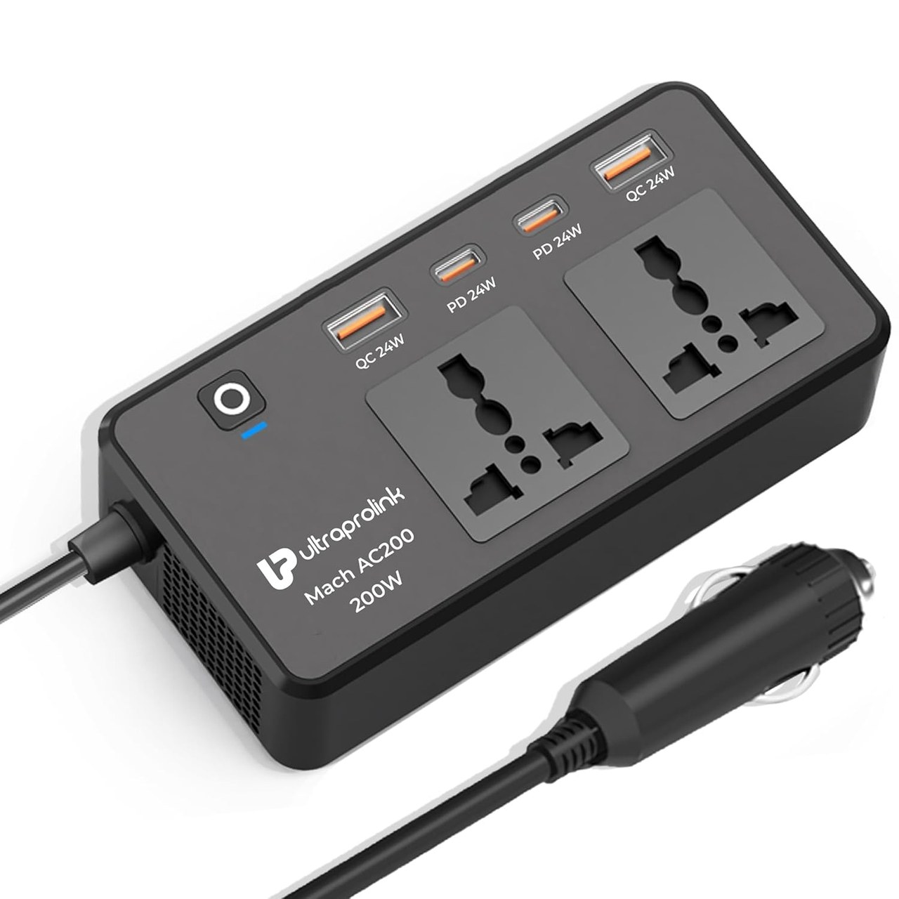 UltraProlink 6 in 1 200W Car Laptop Charger|Car Power Inverter|6 Ports-2 Universal AC Sockets, 2 Type C (PD-24W) & 2 USB-A (QC3.0-24W) |Total USB- 96W|12V DC to 220V AC