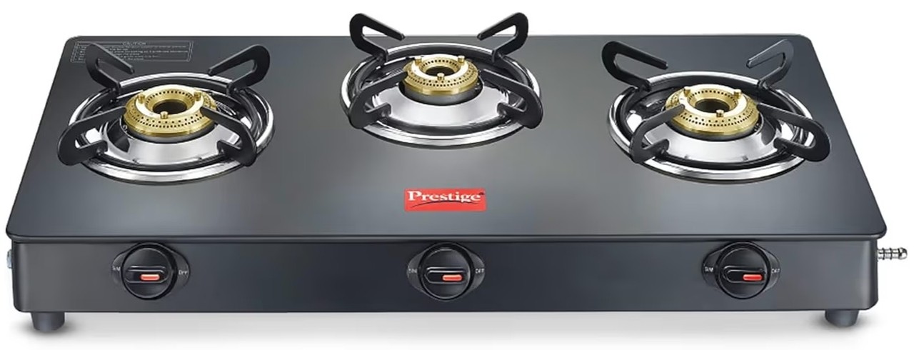 Prestige Magic Plus 3 Brass Burner LPG Gas Stove with Toughened Glass Top, Spill-Proof Design, Black